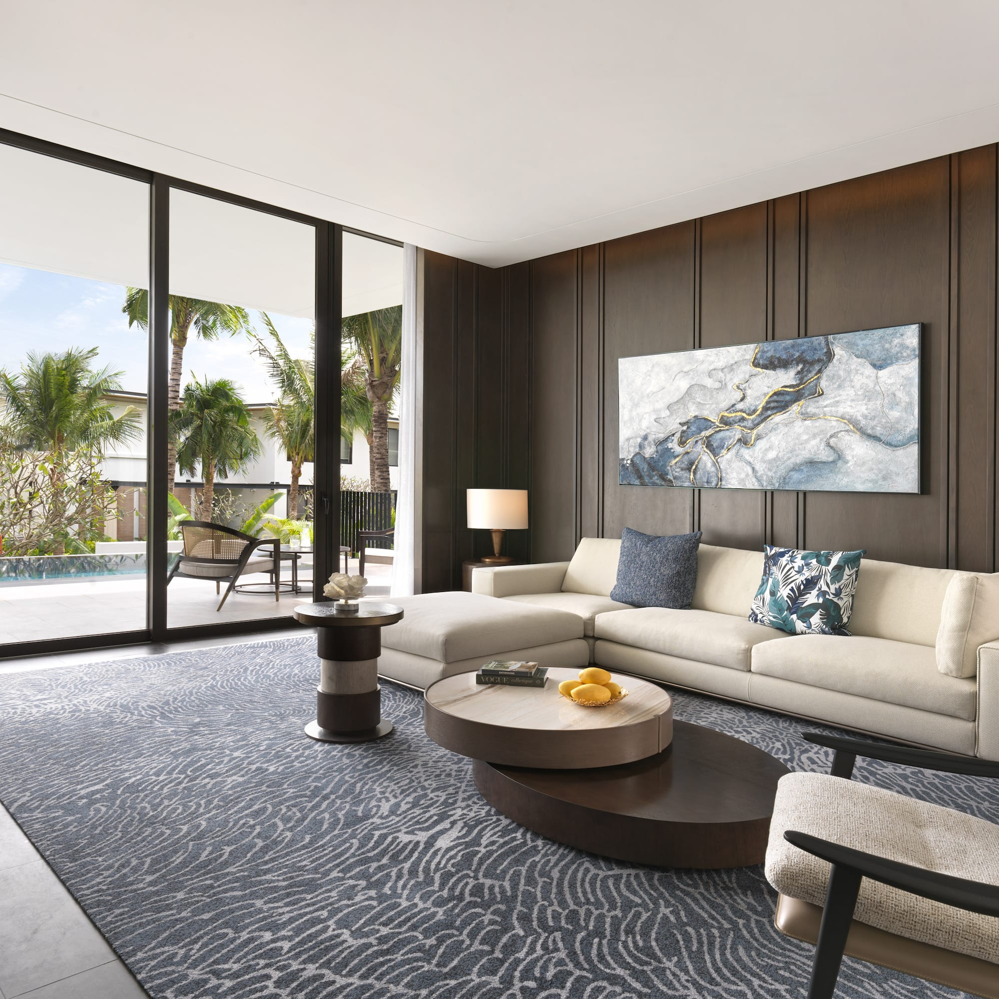 a living room with a couch and a table