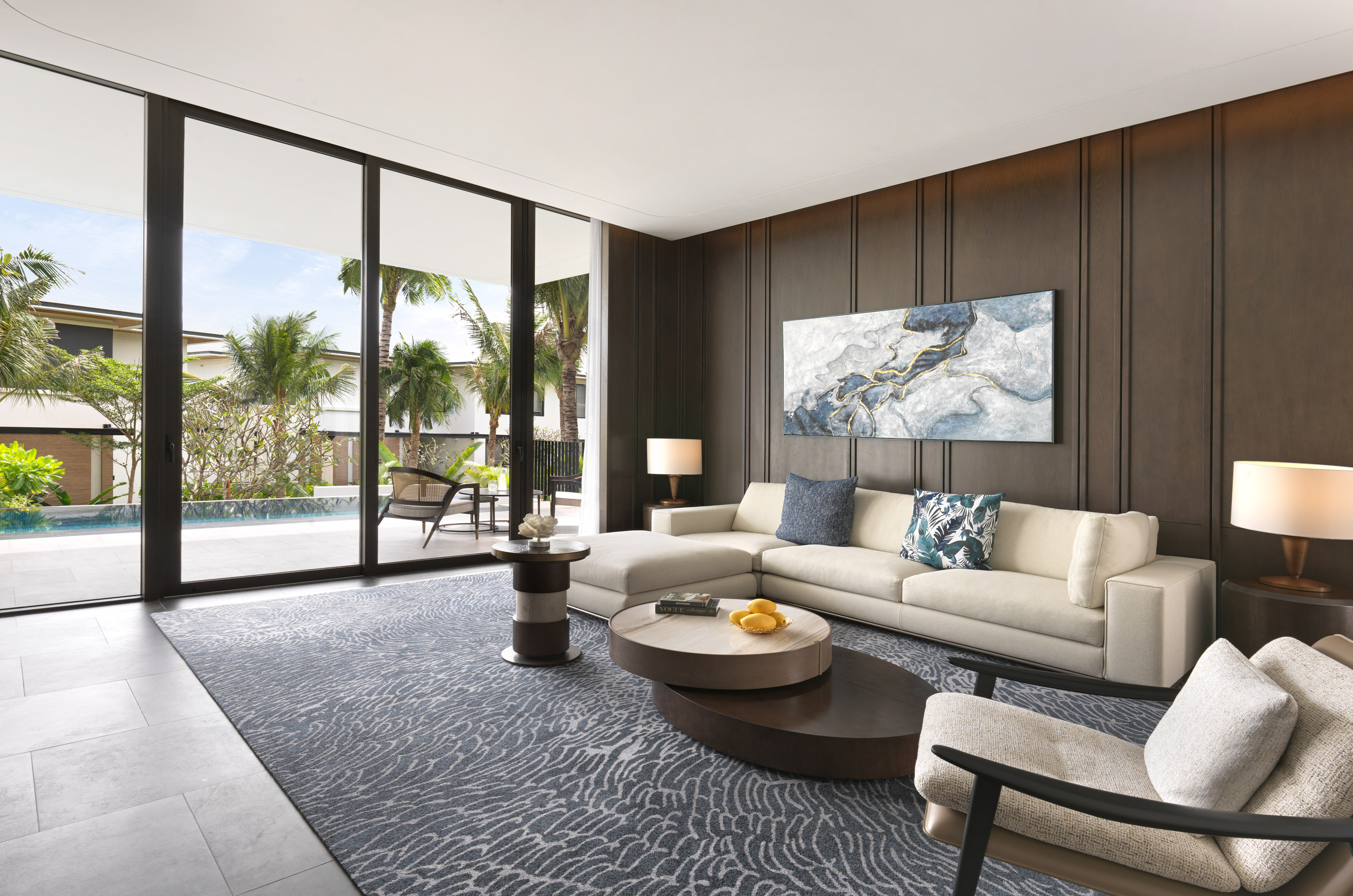 a living room with a couch and a table