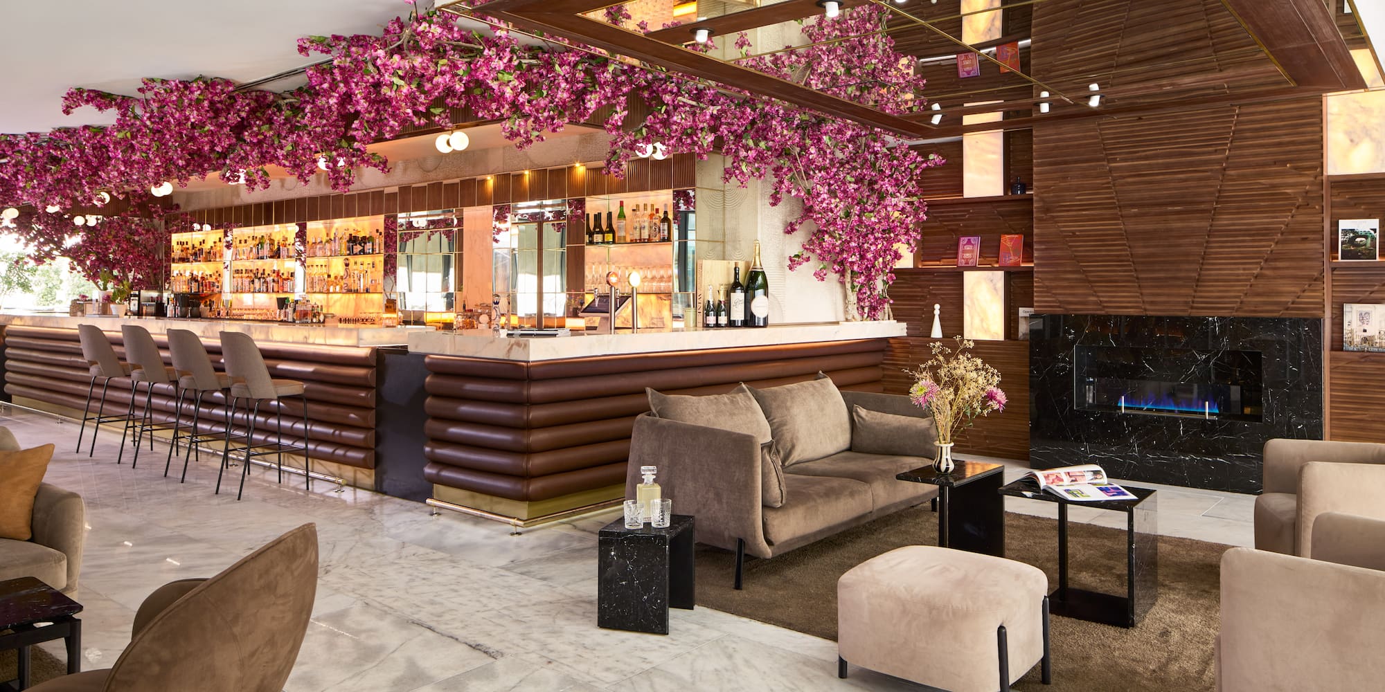 a room with a bar and a couch