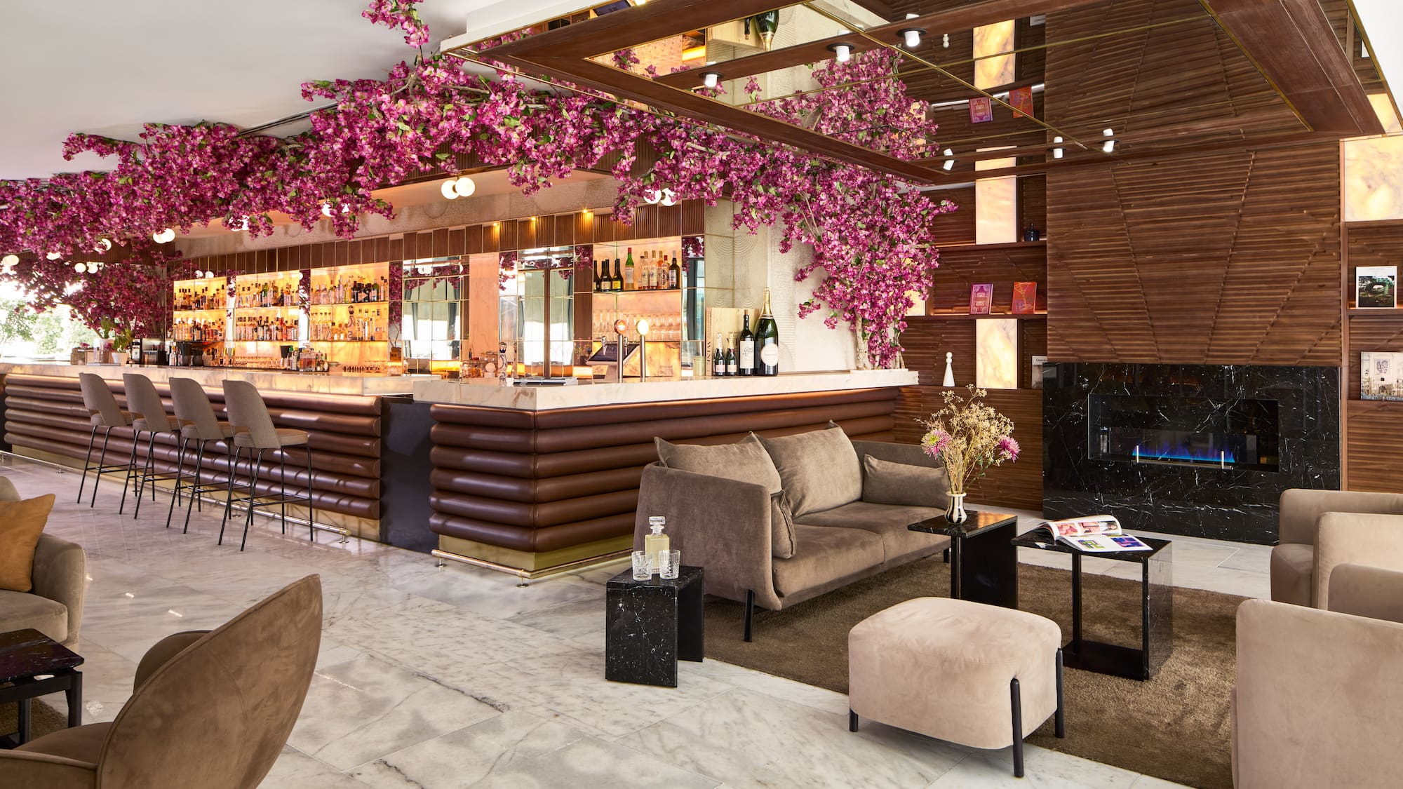 a room with a bar and a couch