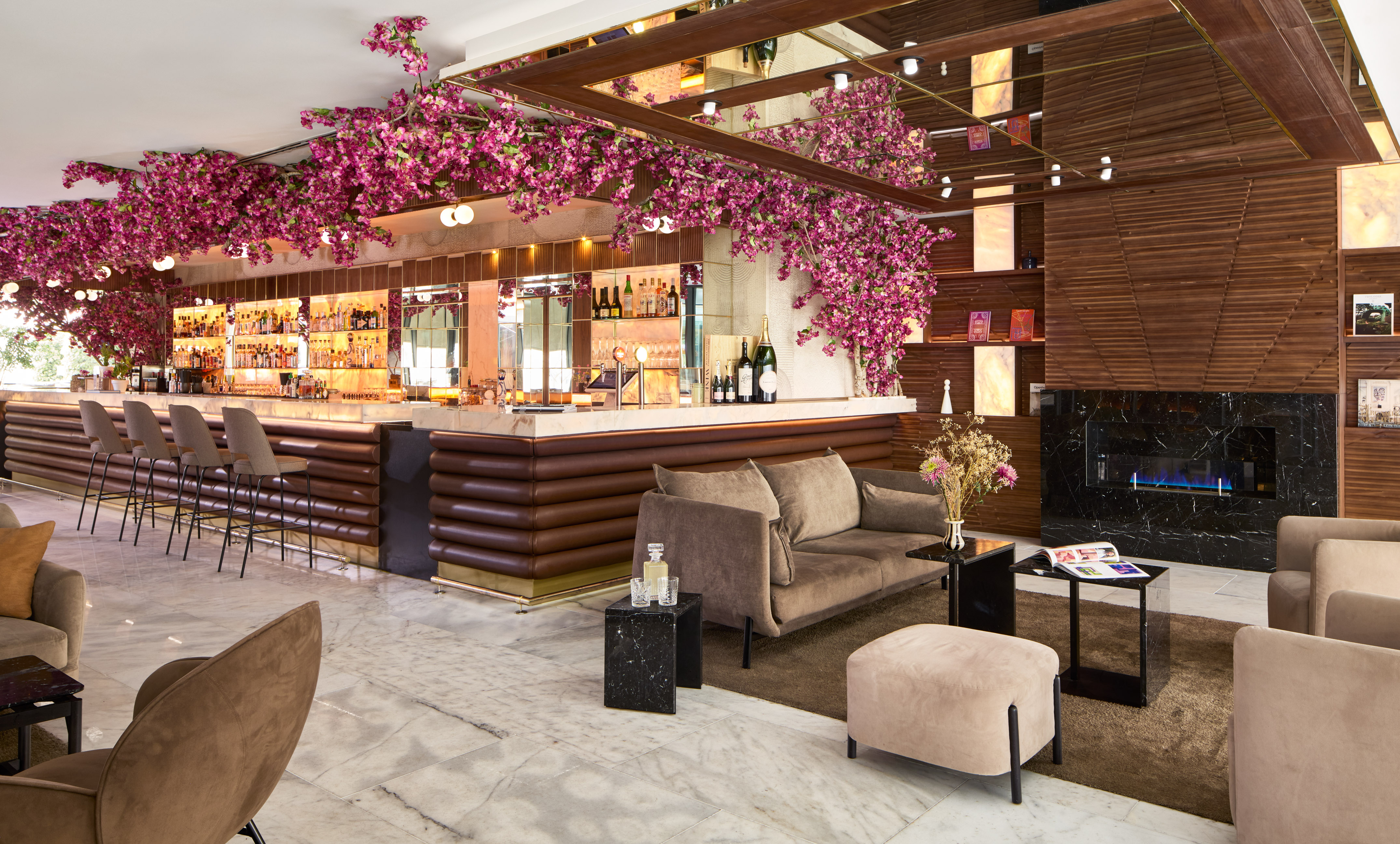 a room with a bar and a couch