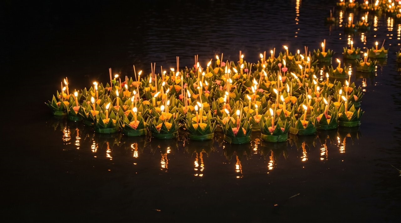 Floating krathongs with lit candles and yellow flowers on dark water.