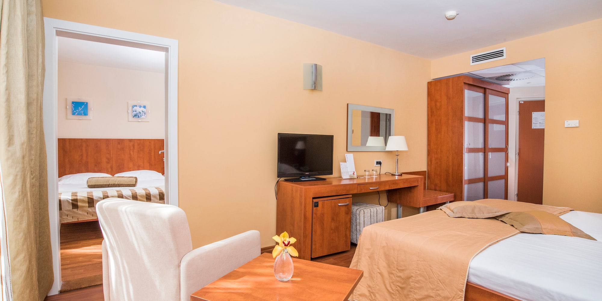 a room with a bed and a table