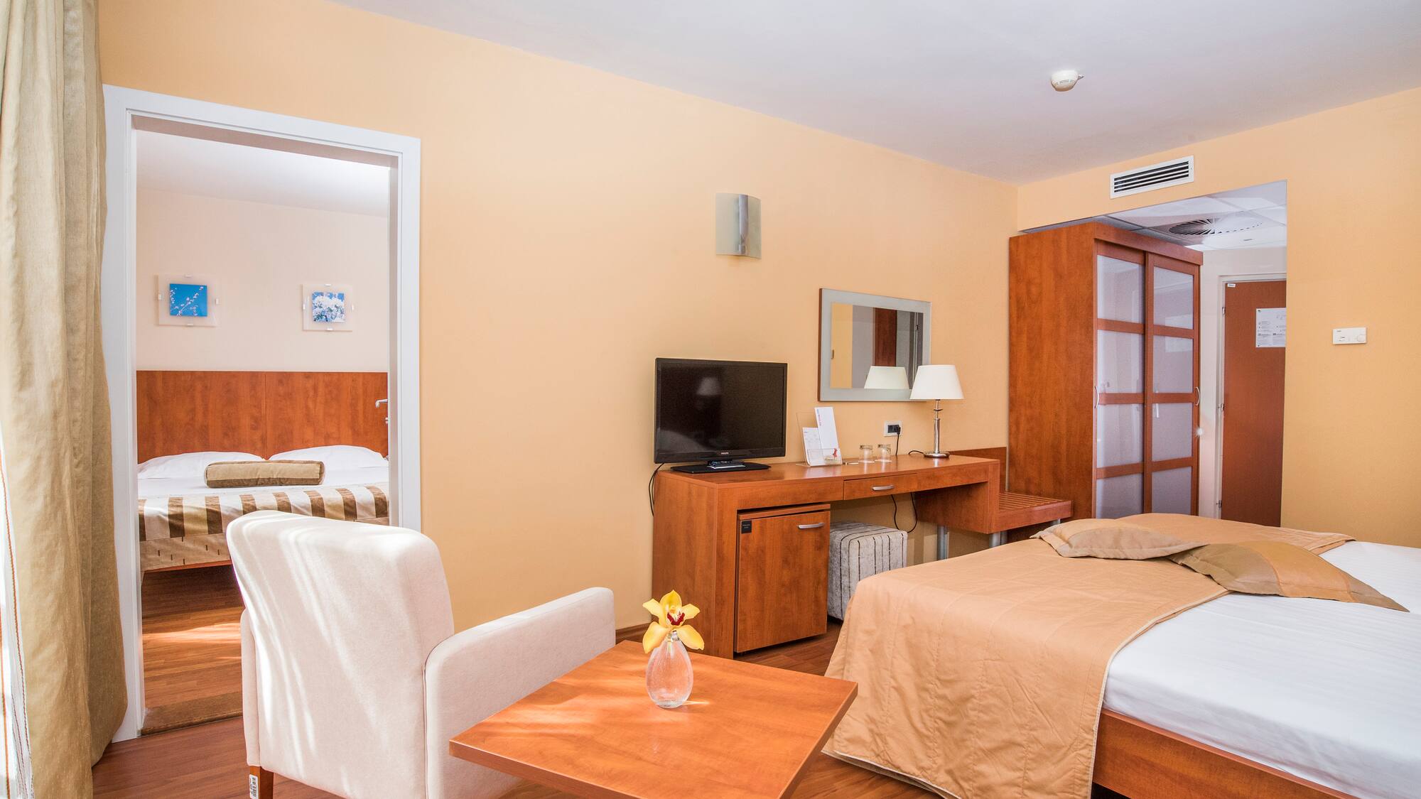 a room with a bed and a table