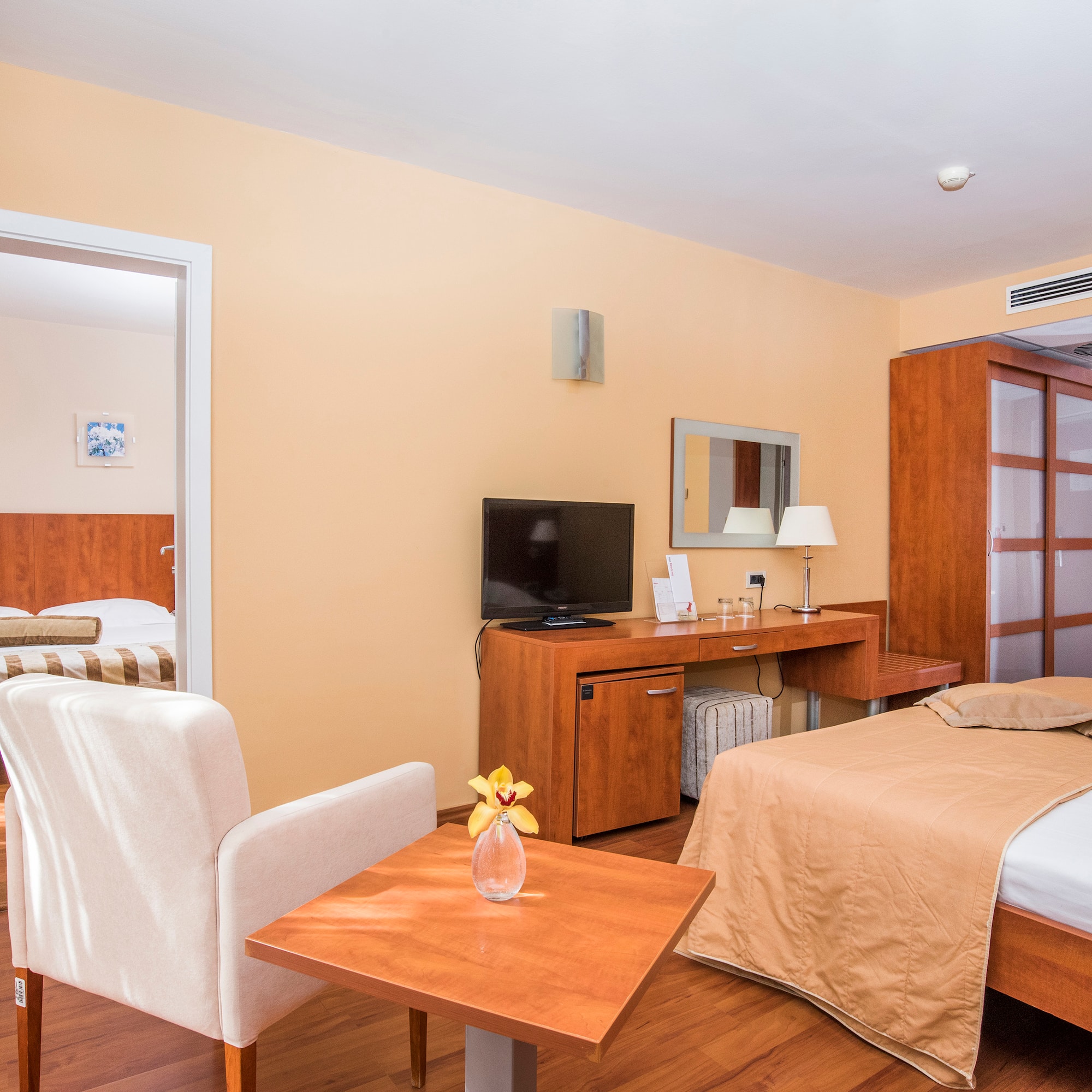 a room with a bed and a table