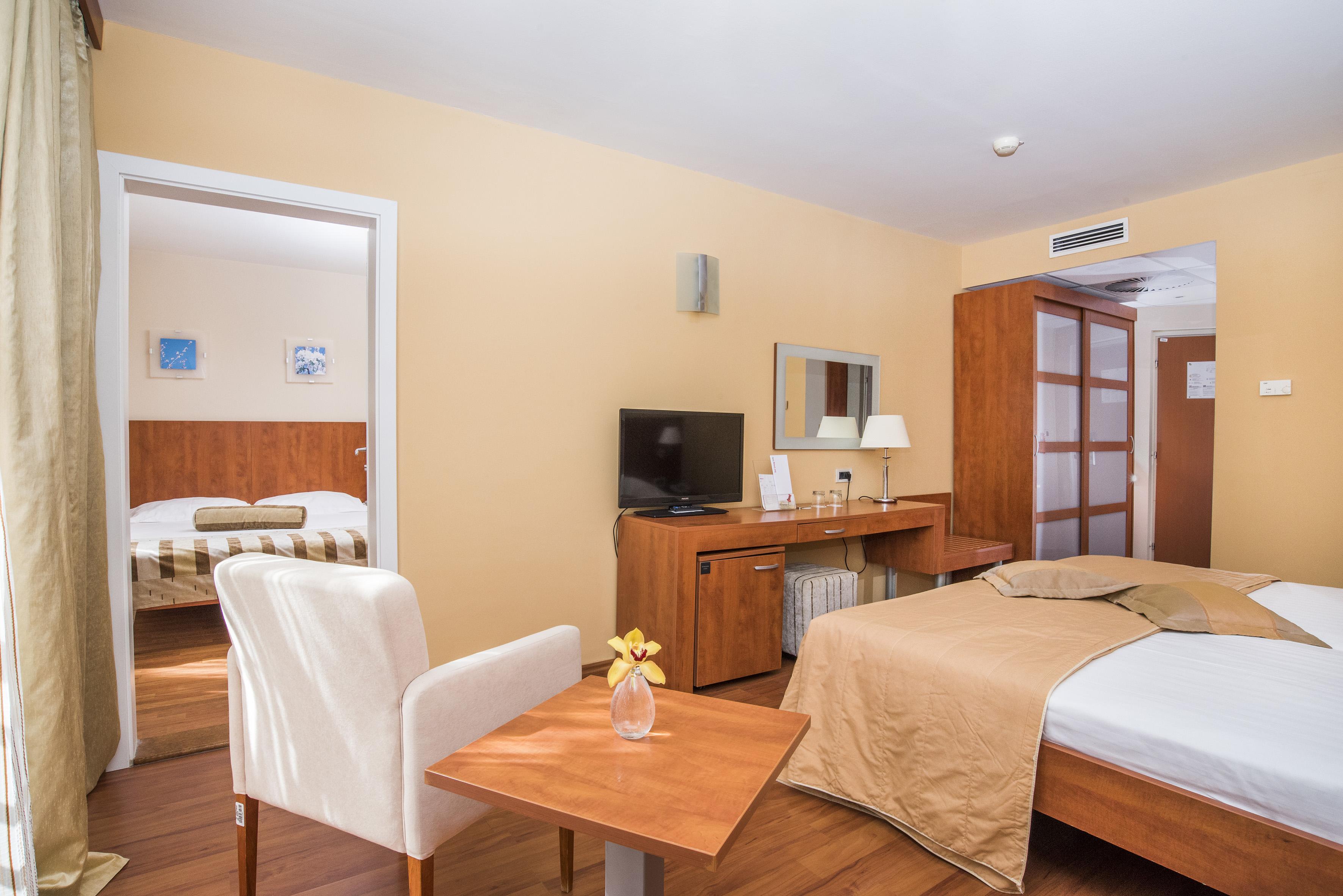 a room with a bed and a table