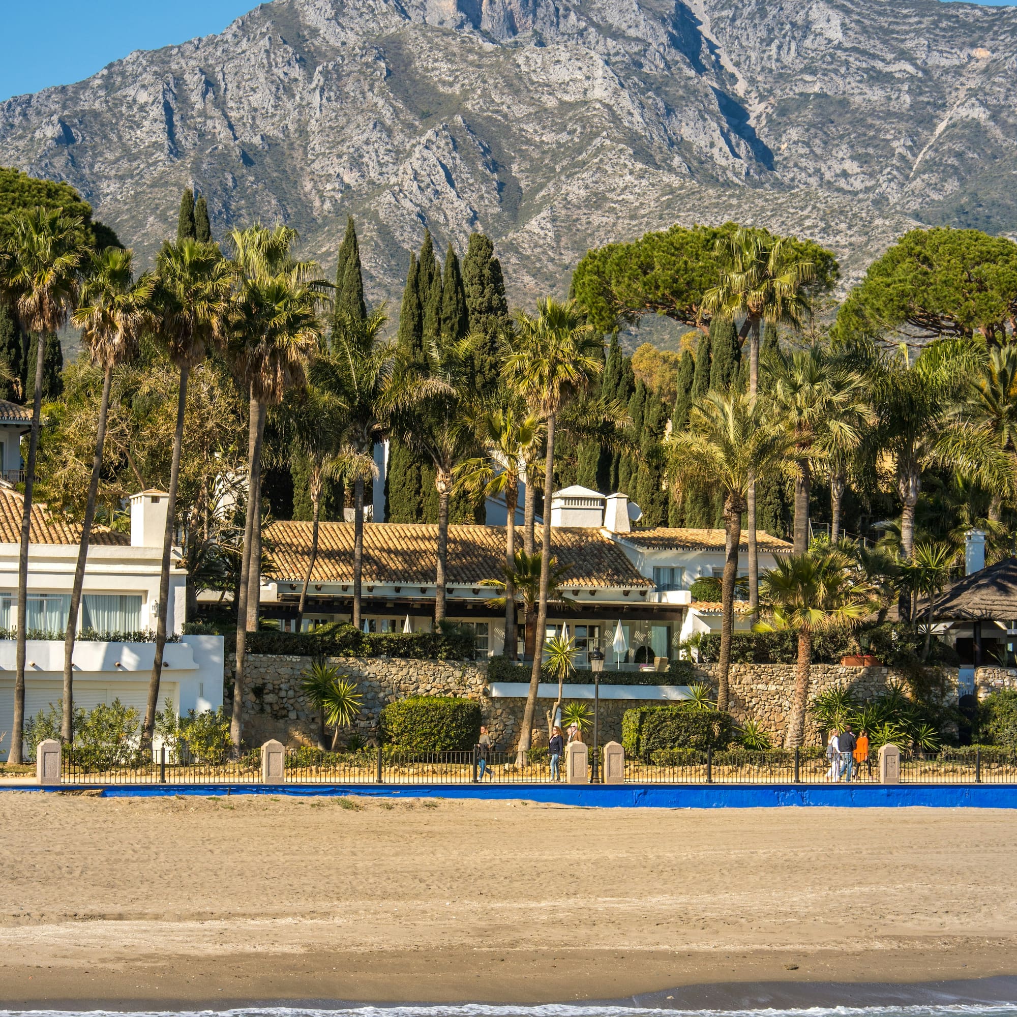 Marbella beach with ocean, luxury villas, palm trees, and La Concha mountain.