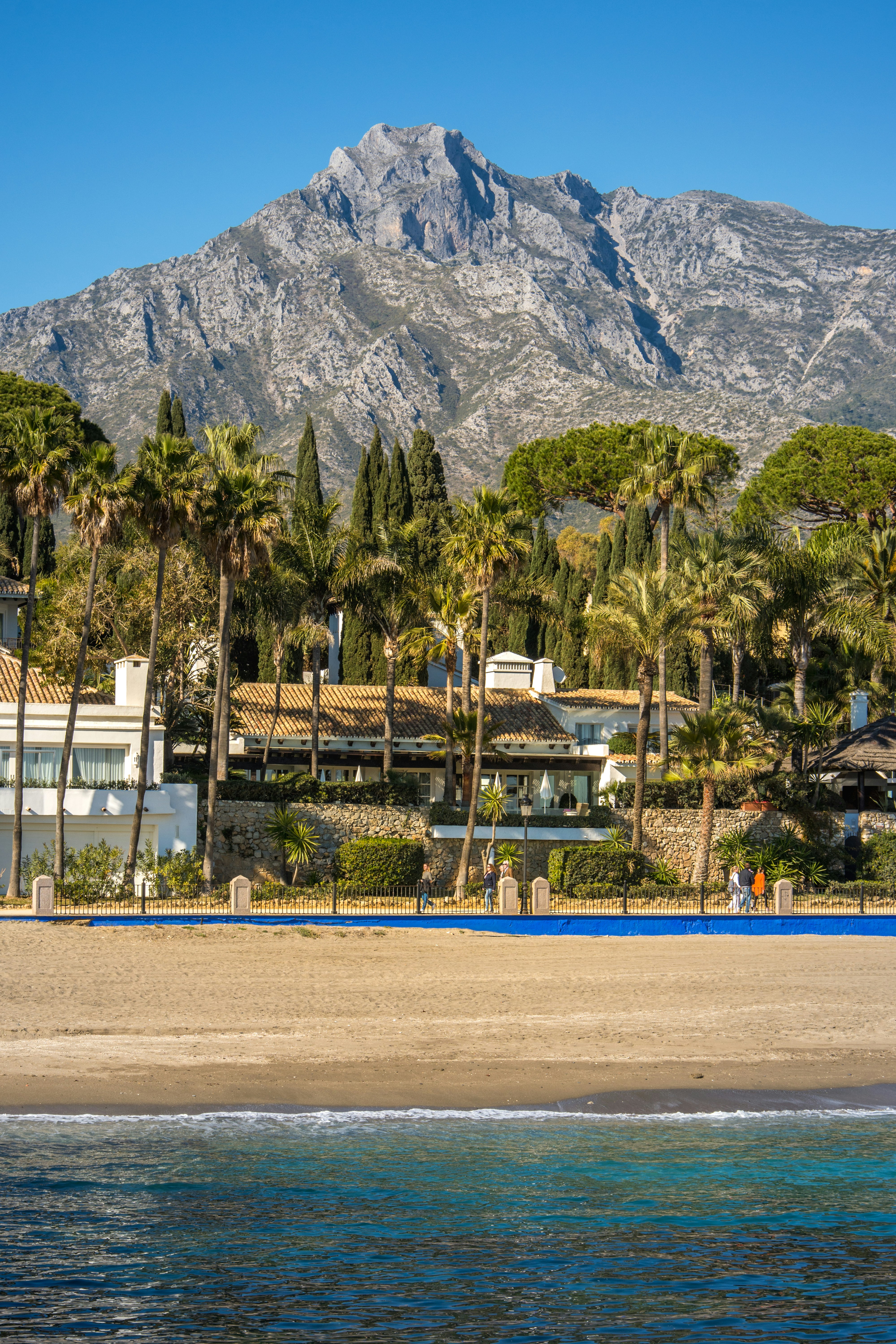 Marbella beach with ocean, luxury villas, palm trees, and La Concha mountain.