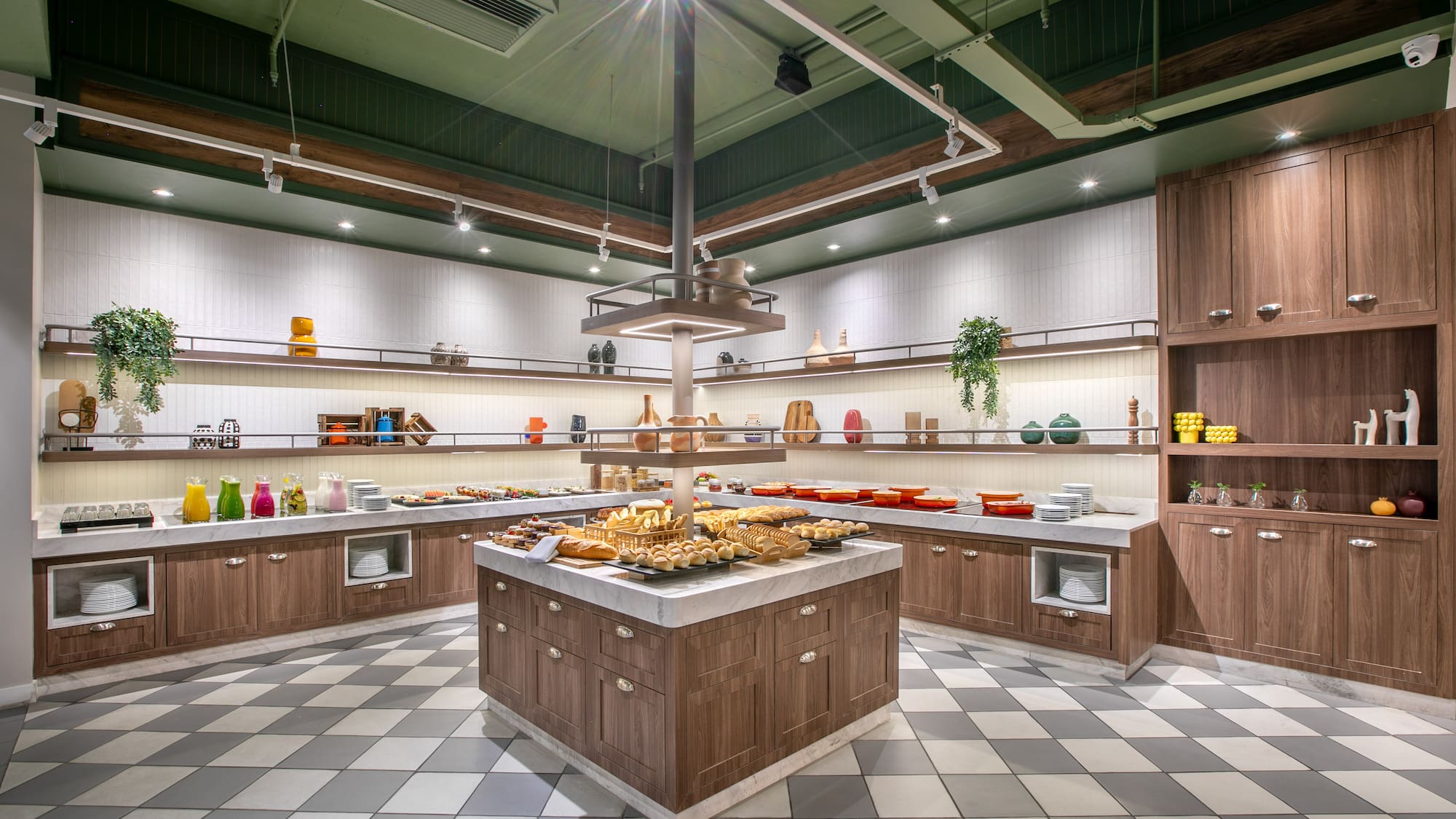 a large kitchen with food on shelves
