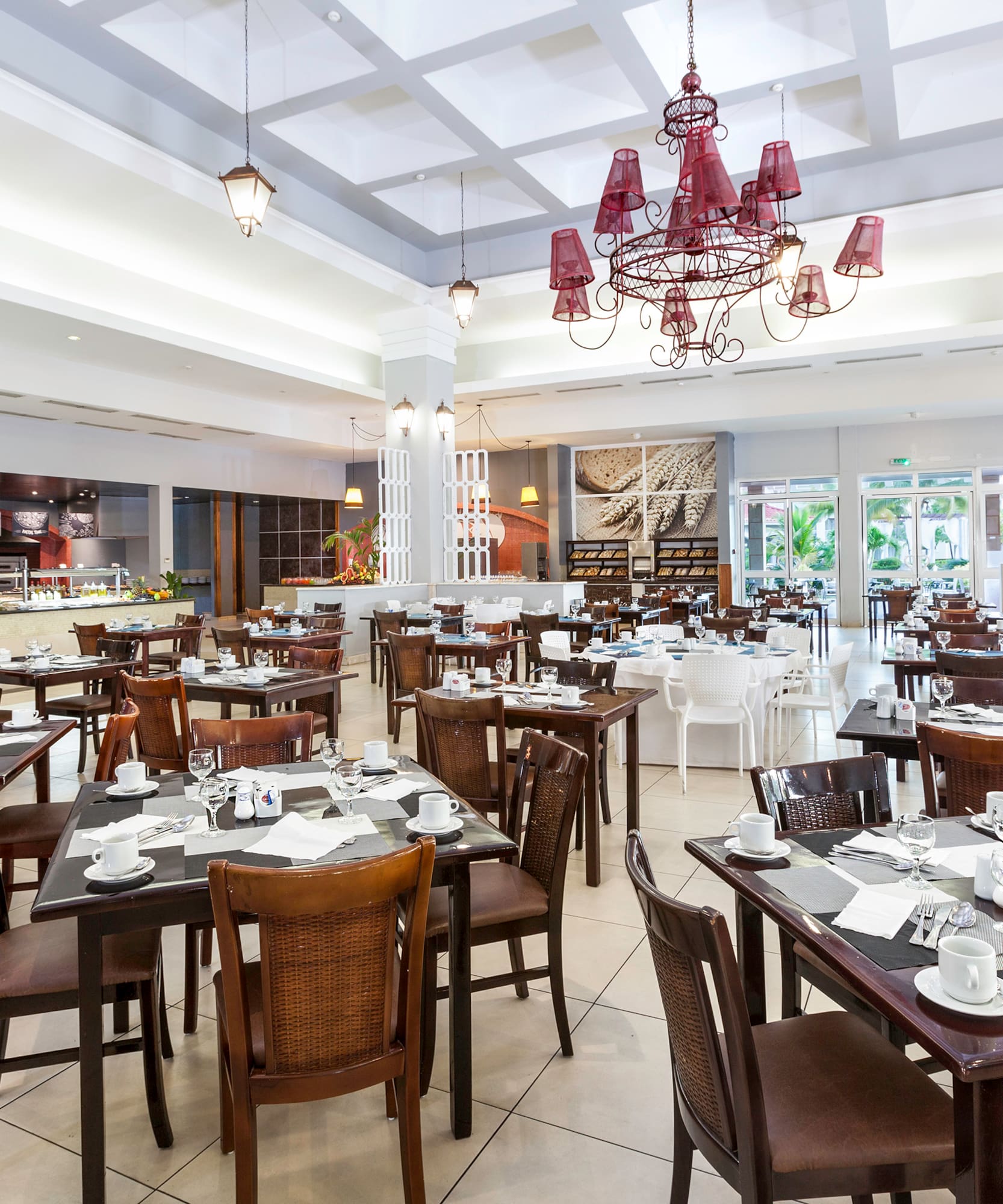 a large room with tables and chairs