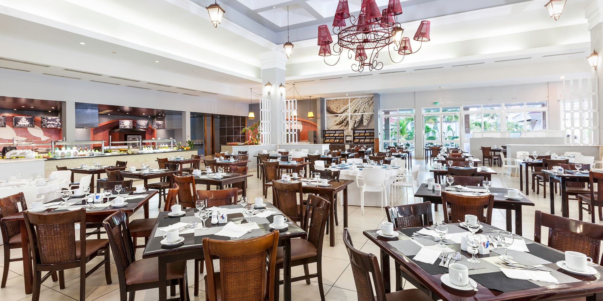 a large room with tables and chairs