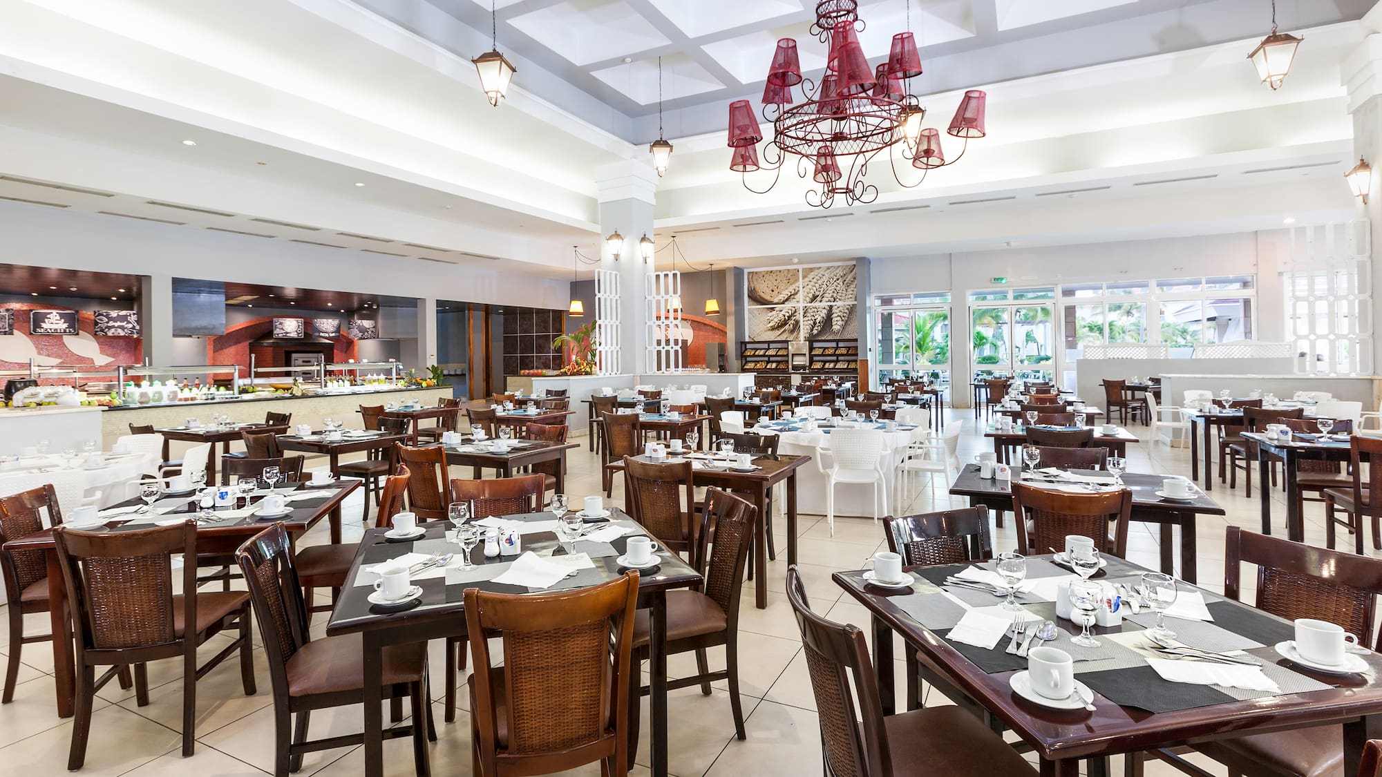 a large room with tables and chairs
