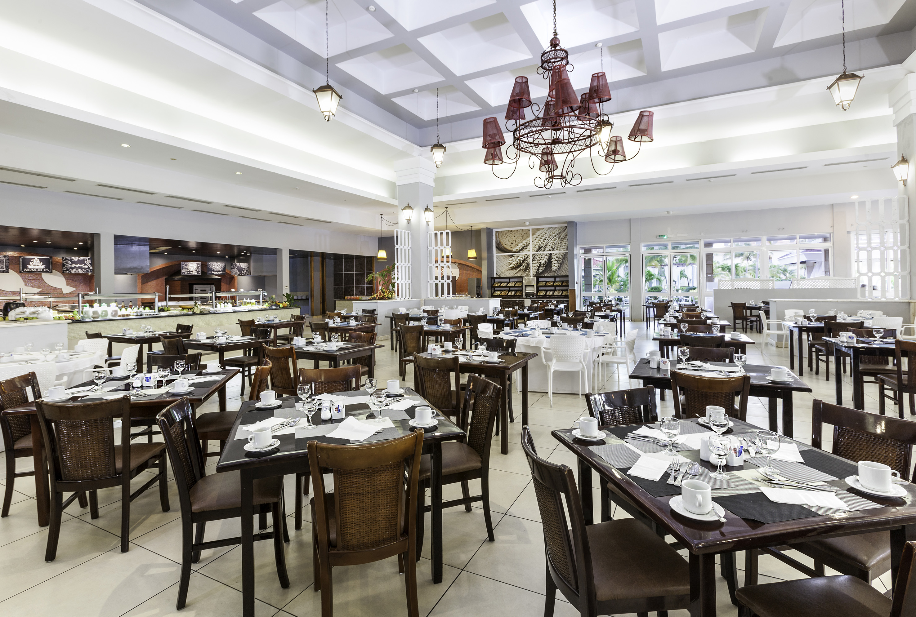 a large room with tables and chairs