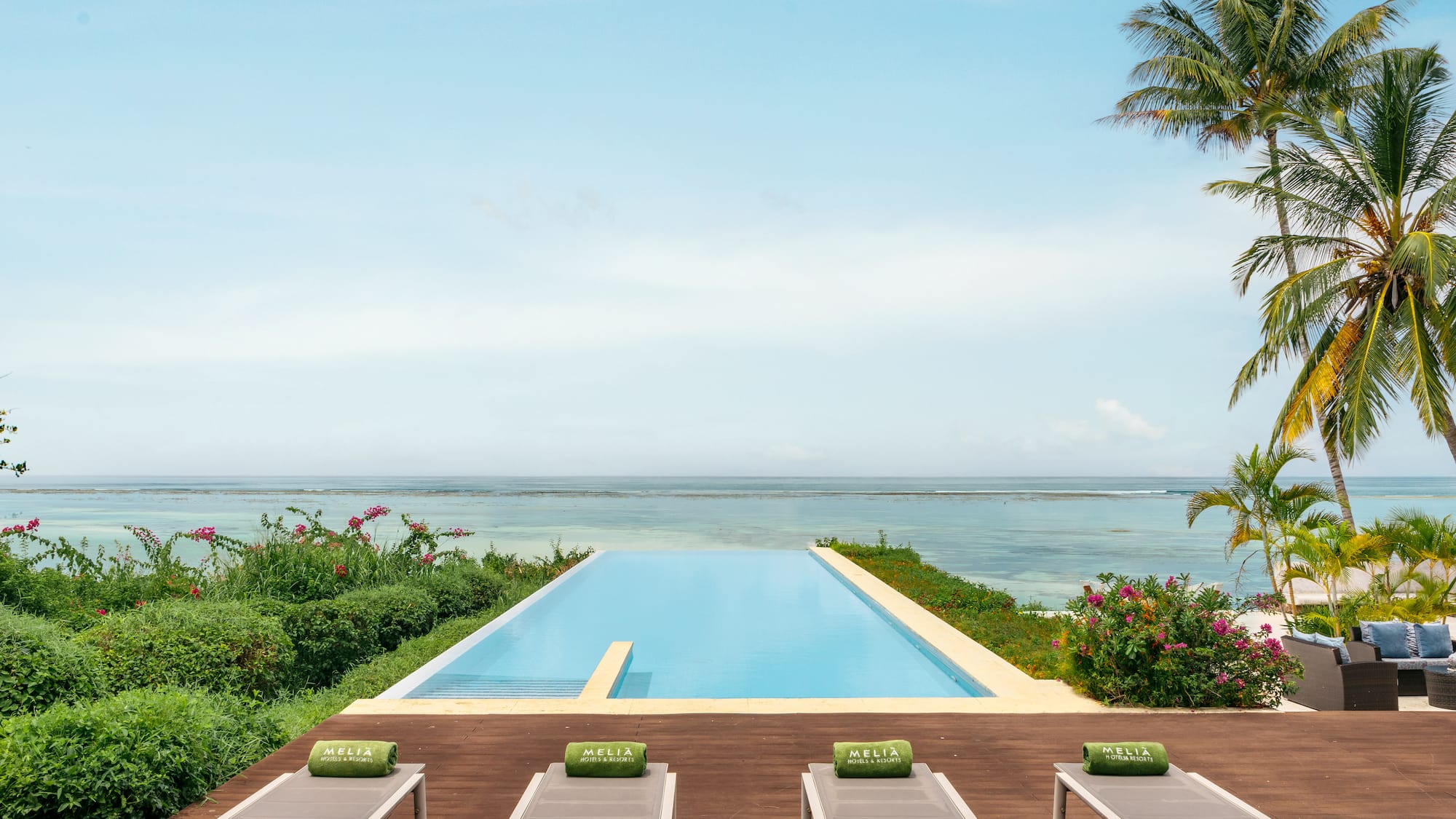 a pool with chairs and a palm tree