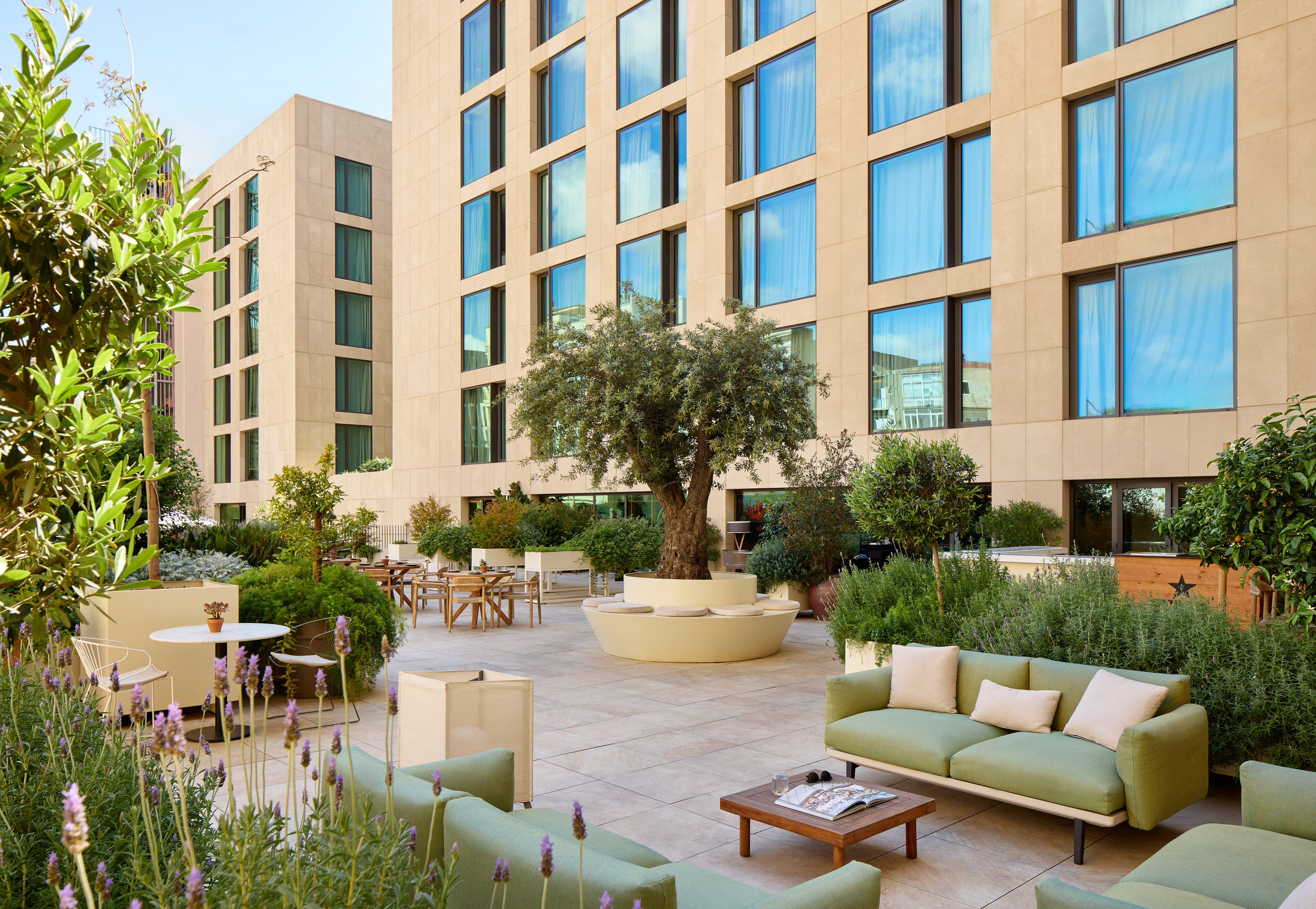 Modern hotel terrace with green outdoor sofas, dining tables, and garden plants.