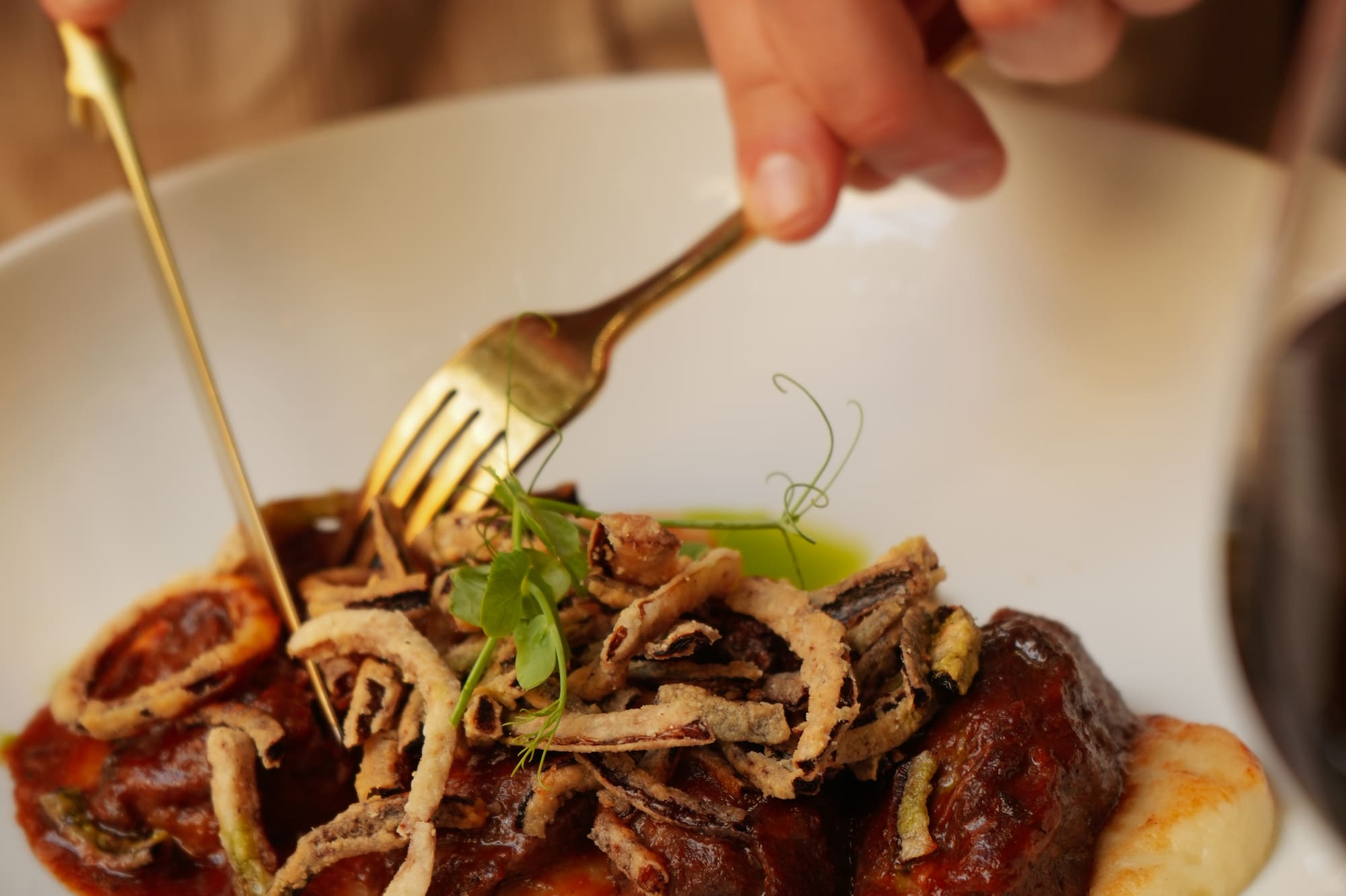 Braised short ribs with mashed potatoes, crispy onions, and red sauce.