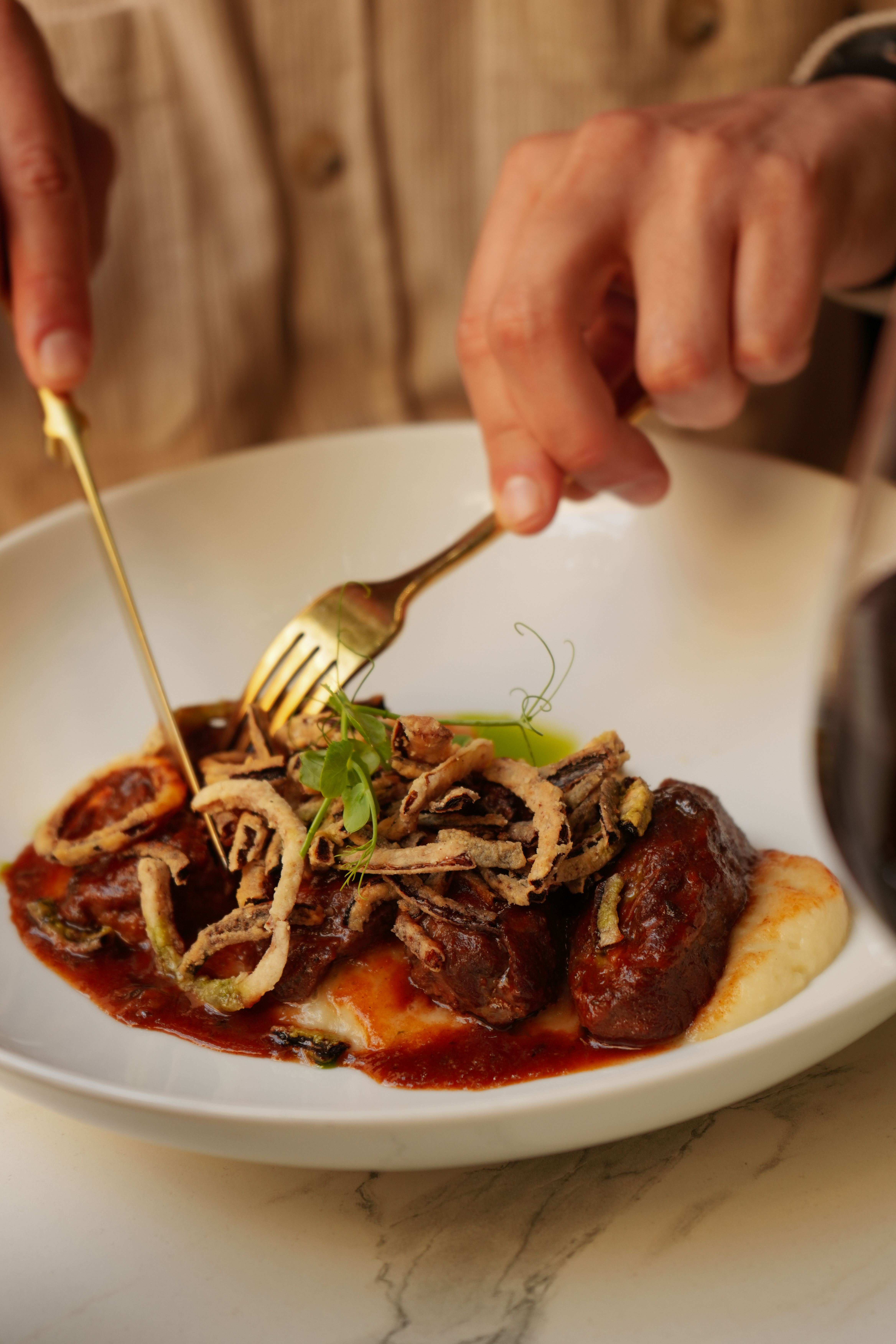 Braised short ribs with mashed potatoes, crispy onions, and red sauce.