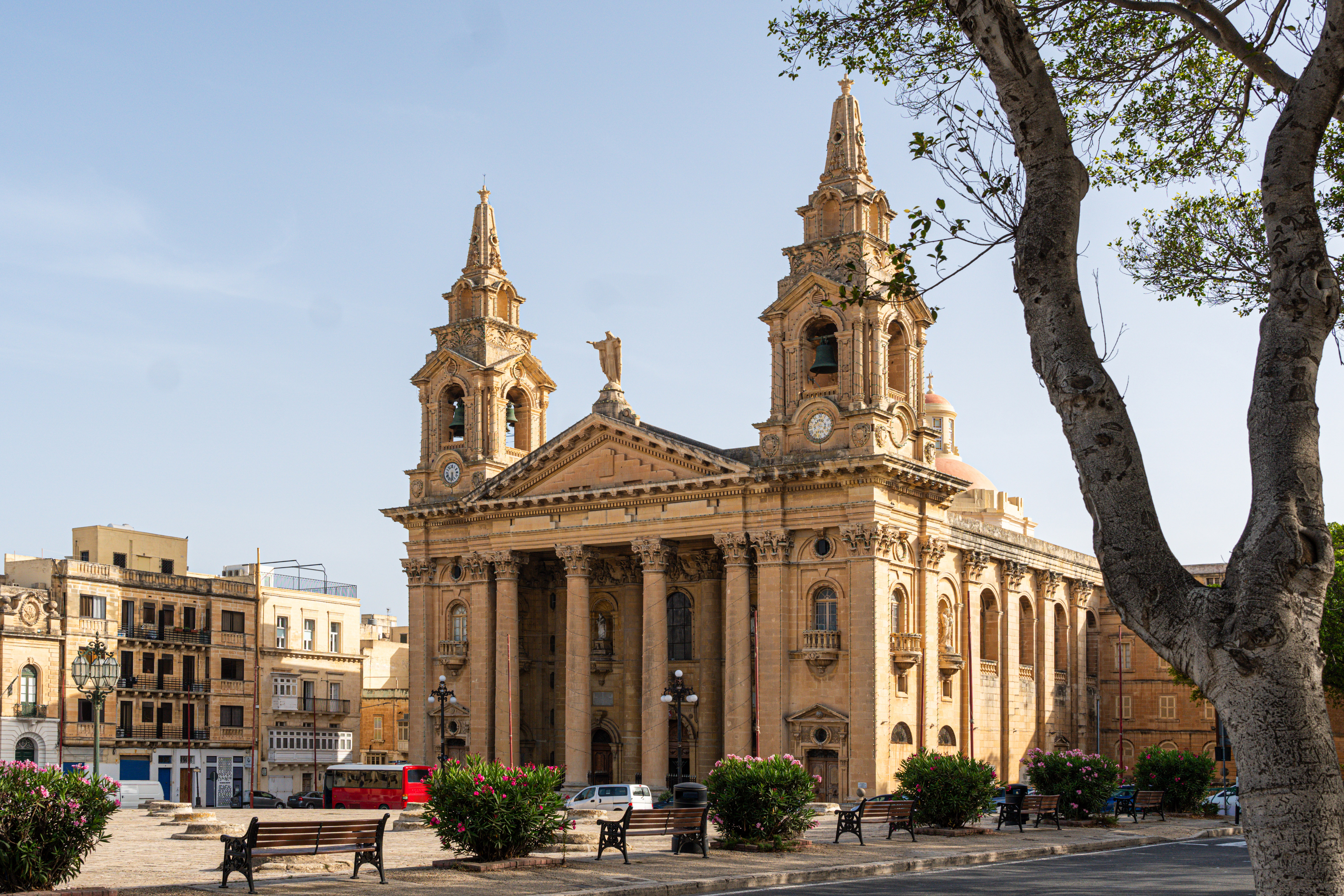 Baroque church with twin bell towers in Nadur, Gozo, Malta.