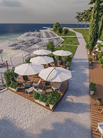 a beach with umbrellas and chairs