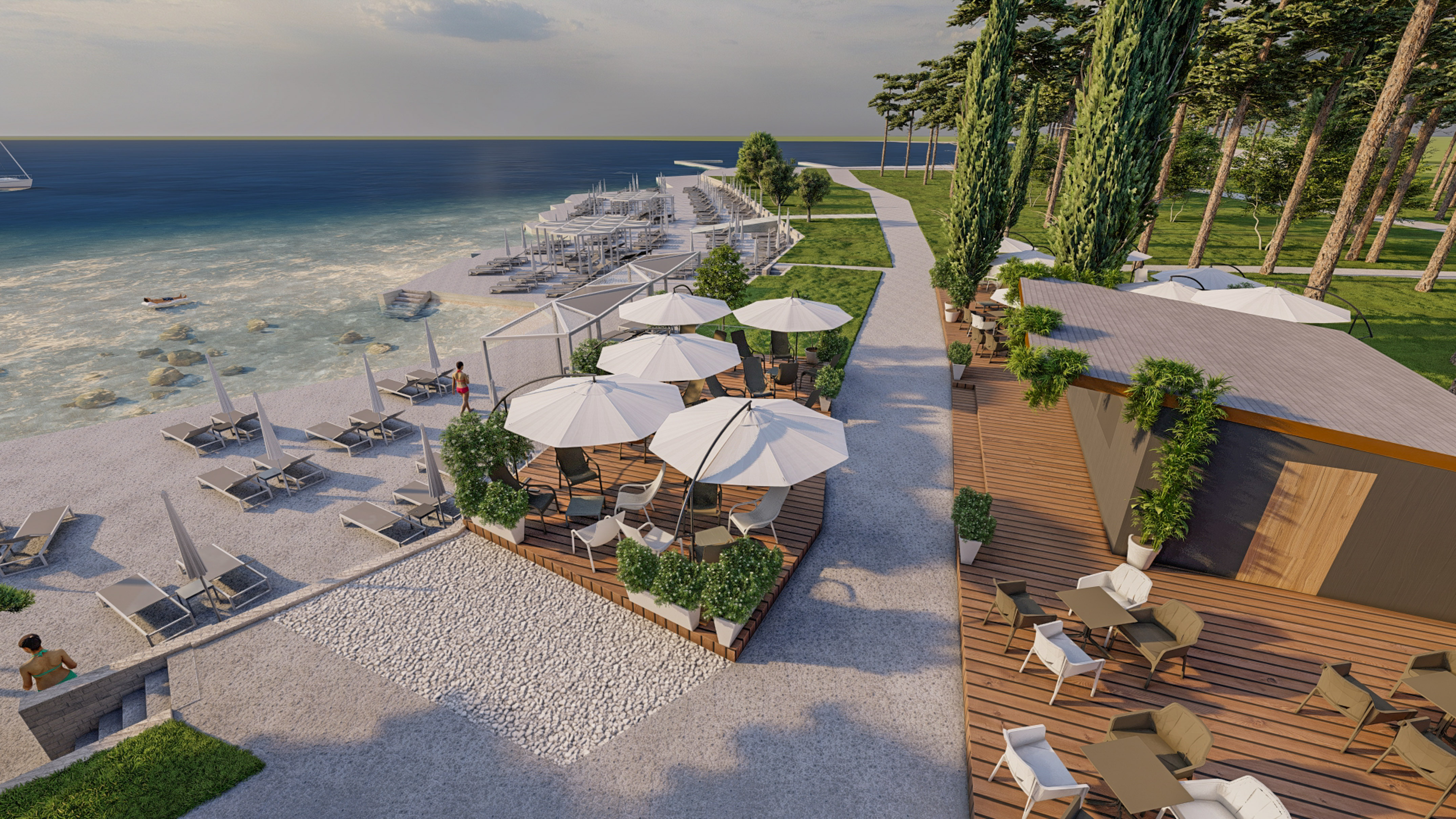 a beach with umbrellas and chairs