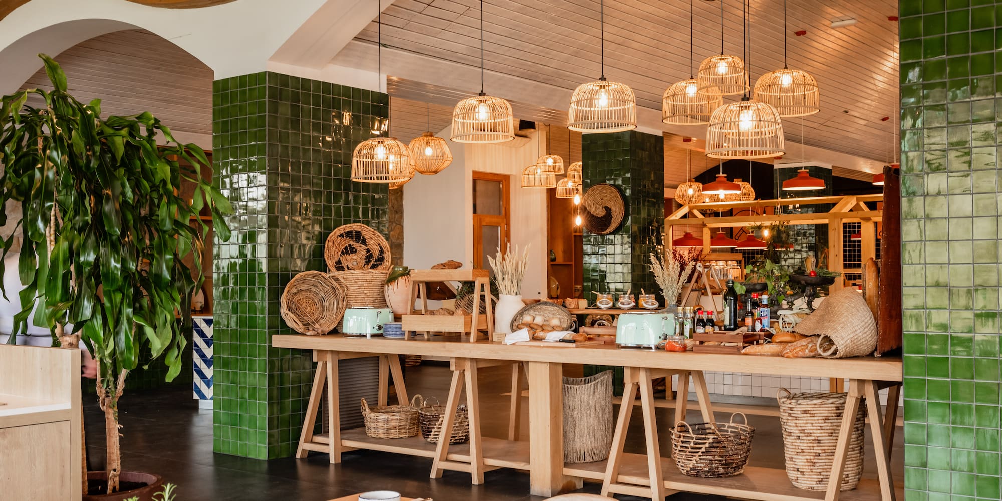 a room with a table and baskets
