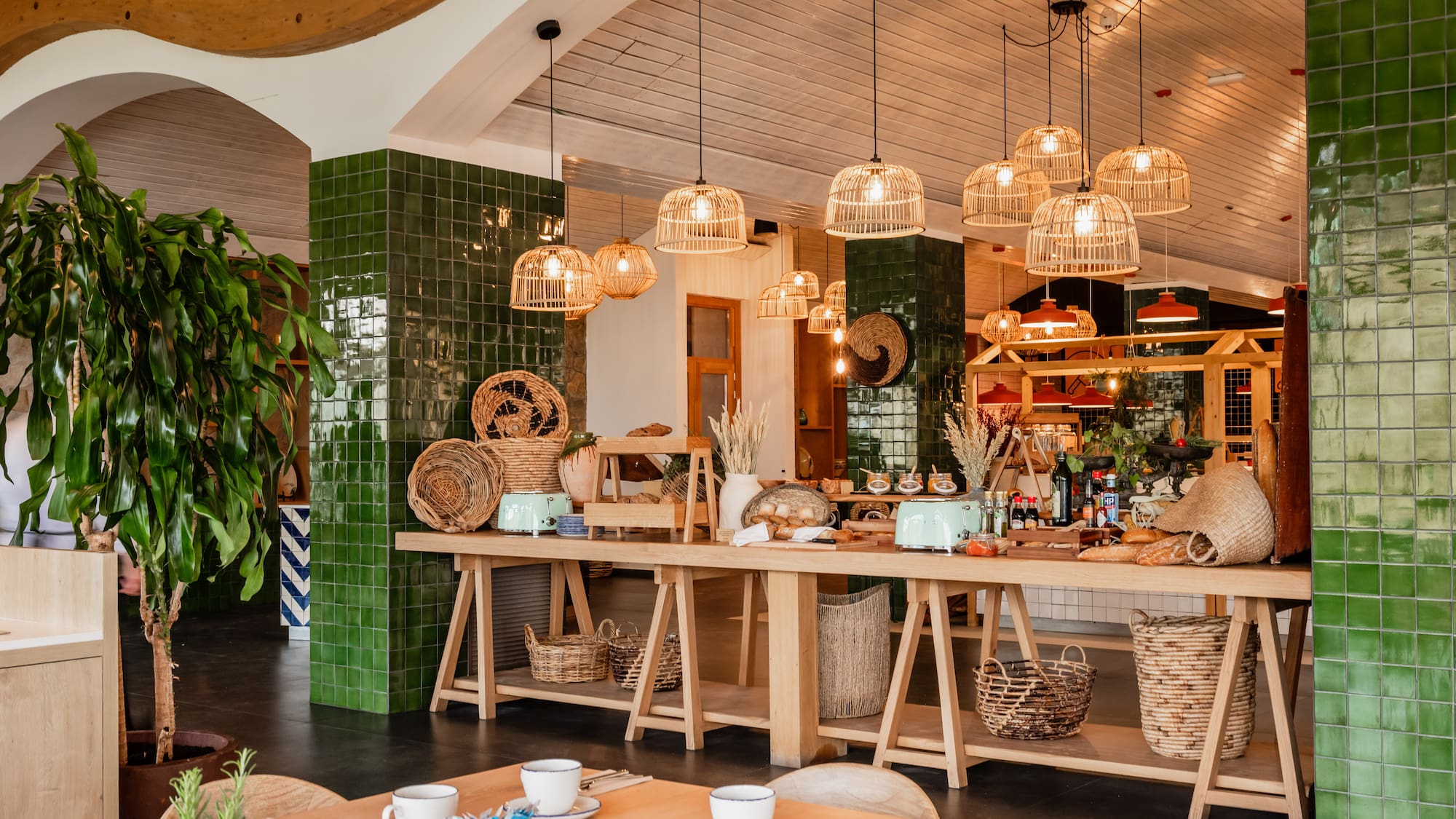 a room with a table and baskets