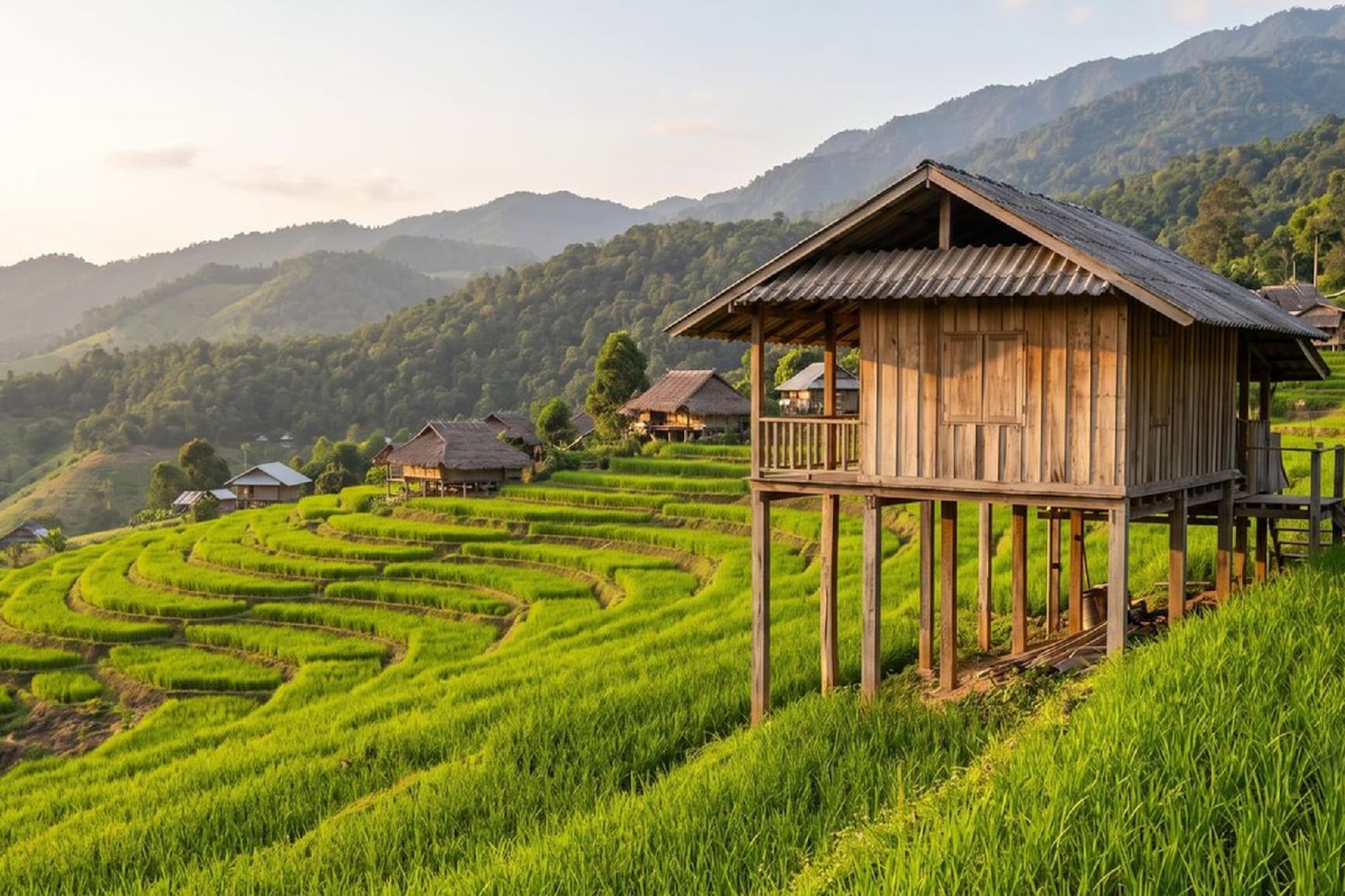 Traditional stilt houses amid green rice terraces and mountains.