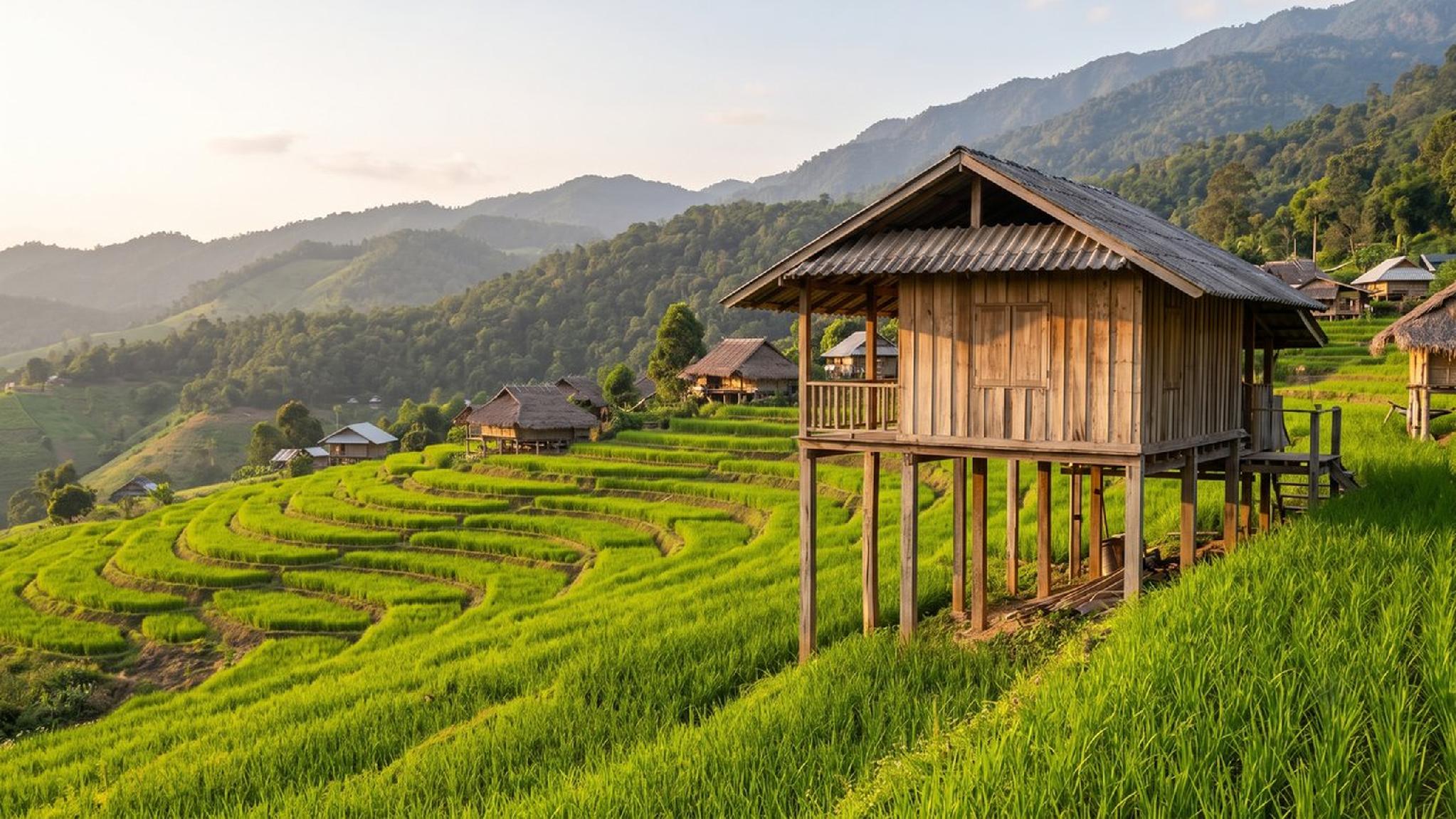 Traditional stilt houses amid green rice terraces and mountains.