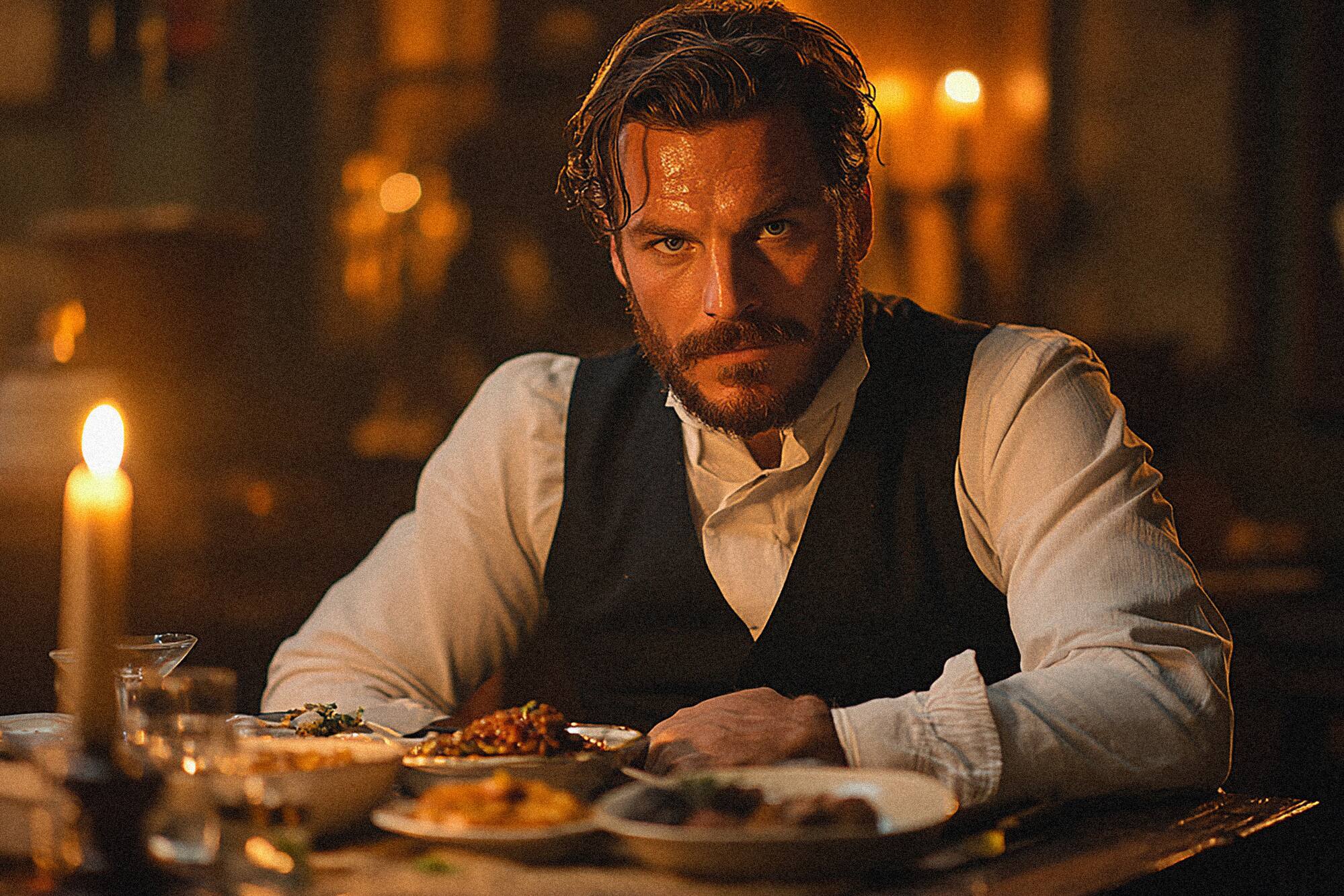 Intense bearded man in a vest at a candlelit dinner table with food. - Krimi-Dinner - INNSiDE Dresden, Dresden