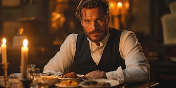 a man sitting at a table with food on plates