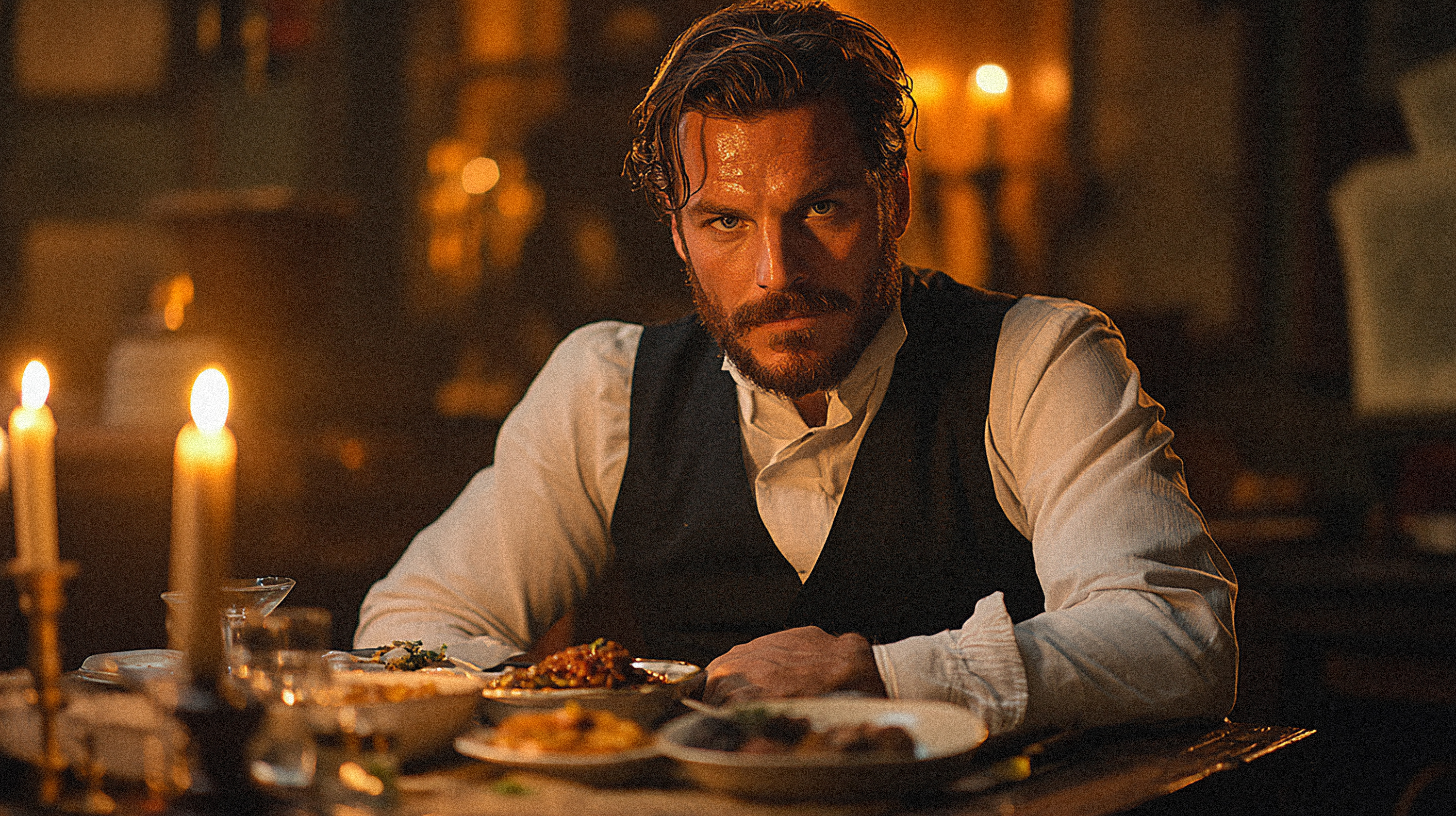 Intense bearded man in a vest at a candlelit dinner table with food.