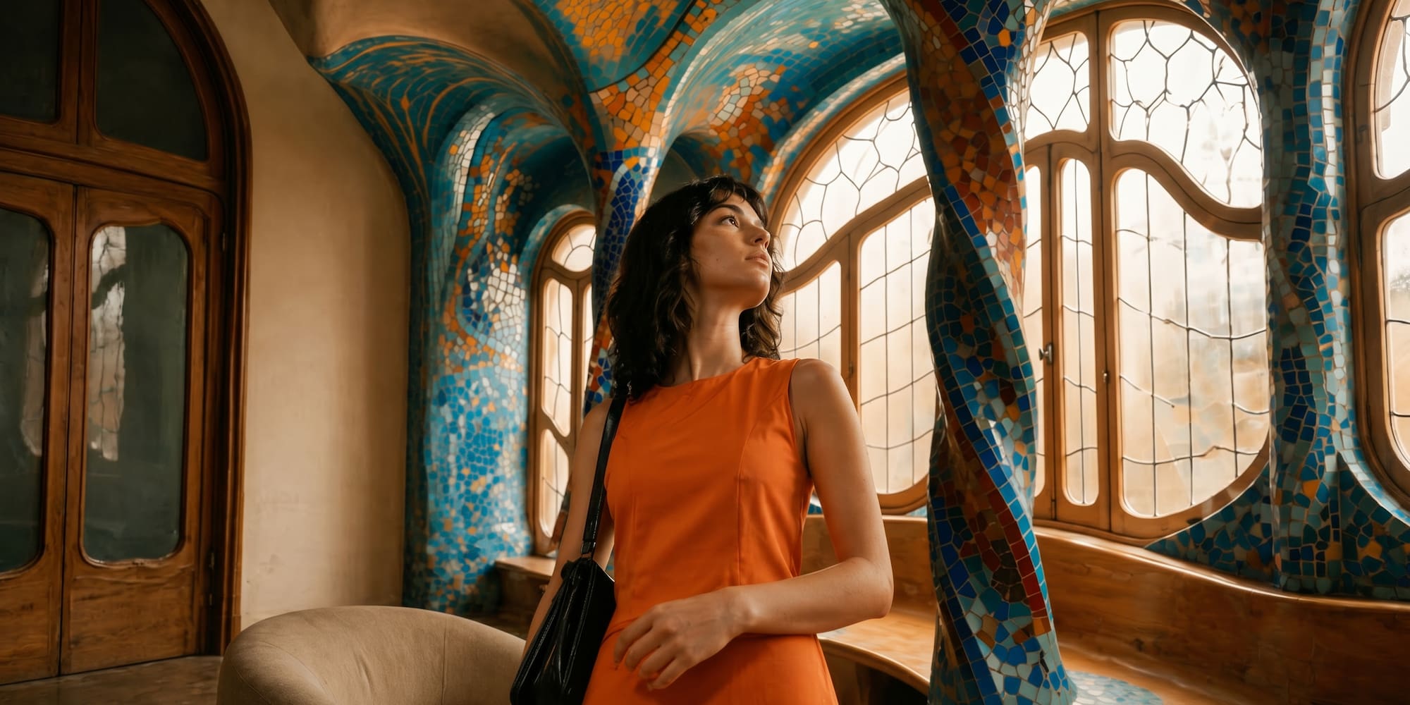 Woman in orange dress inside Gaudi's Casa Batlló, vibrant mosaic columns.
