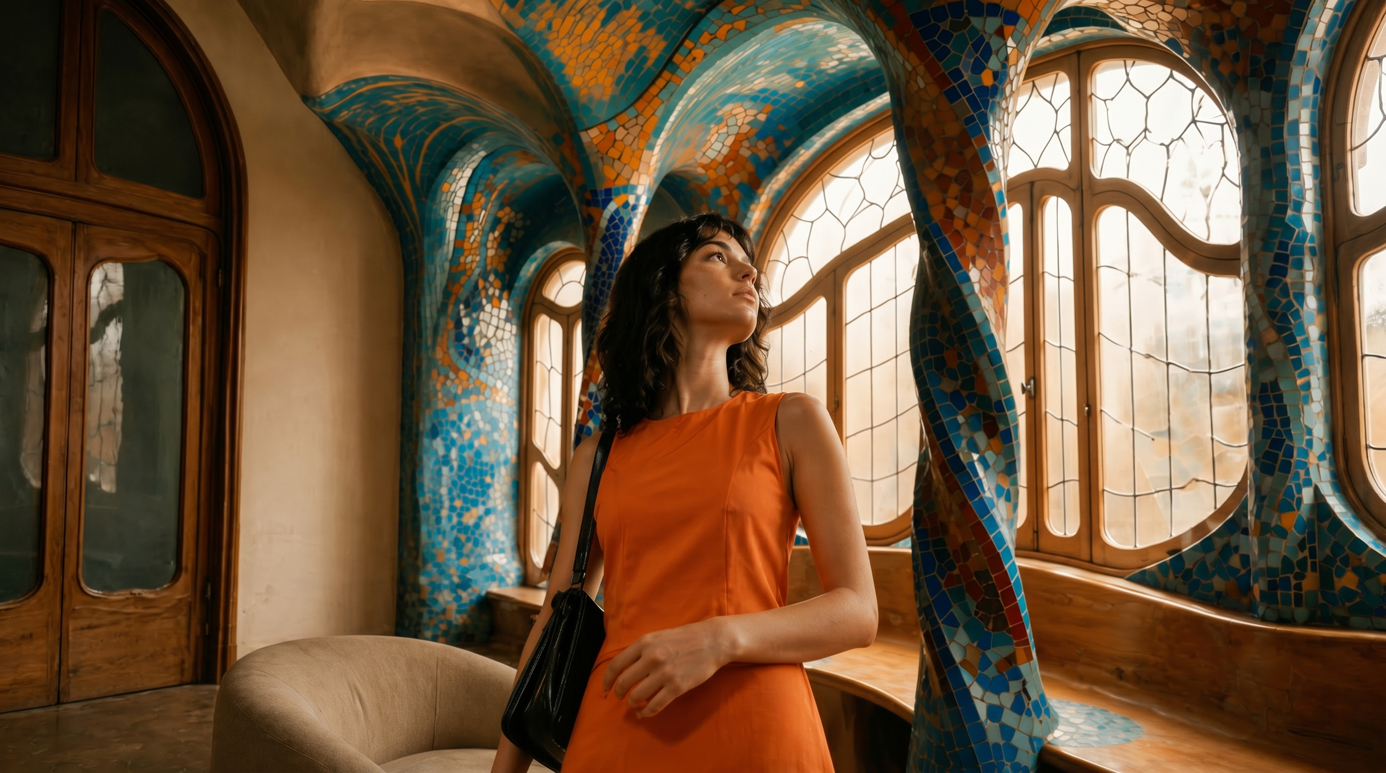 Woman in orange dress inside Gaudi's Casa Batlló, vibrant mosaic columns.