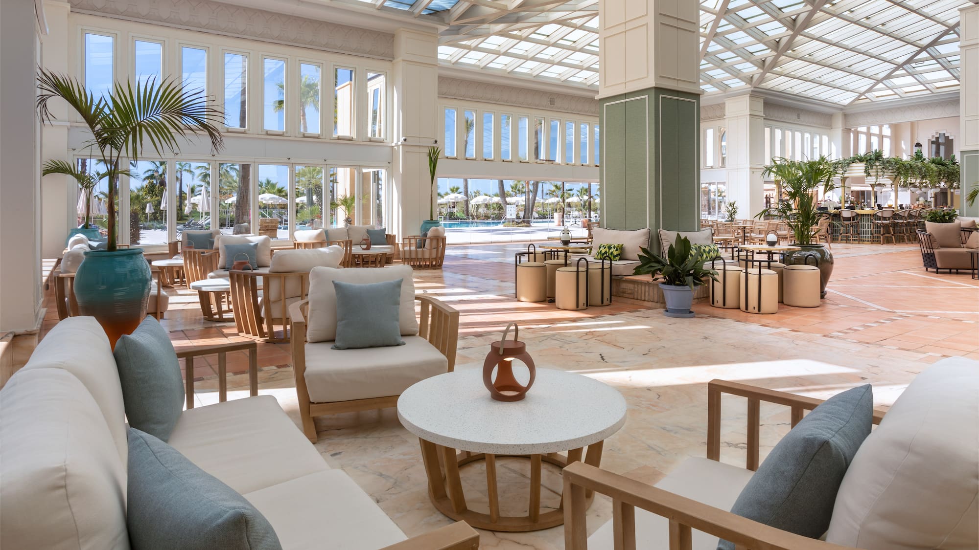 a room with chairs and tables