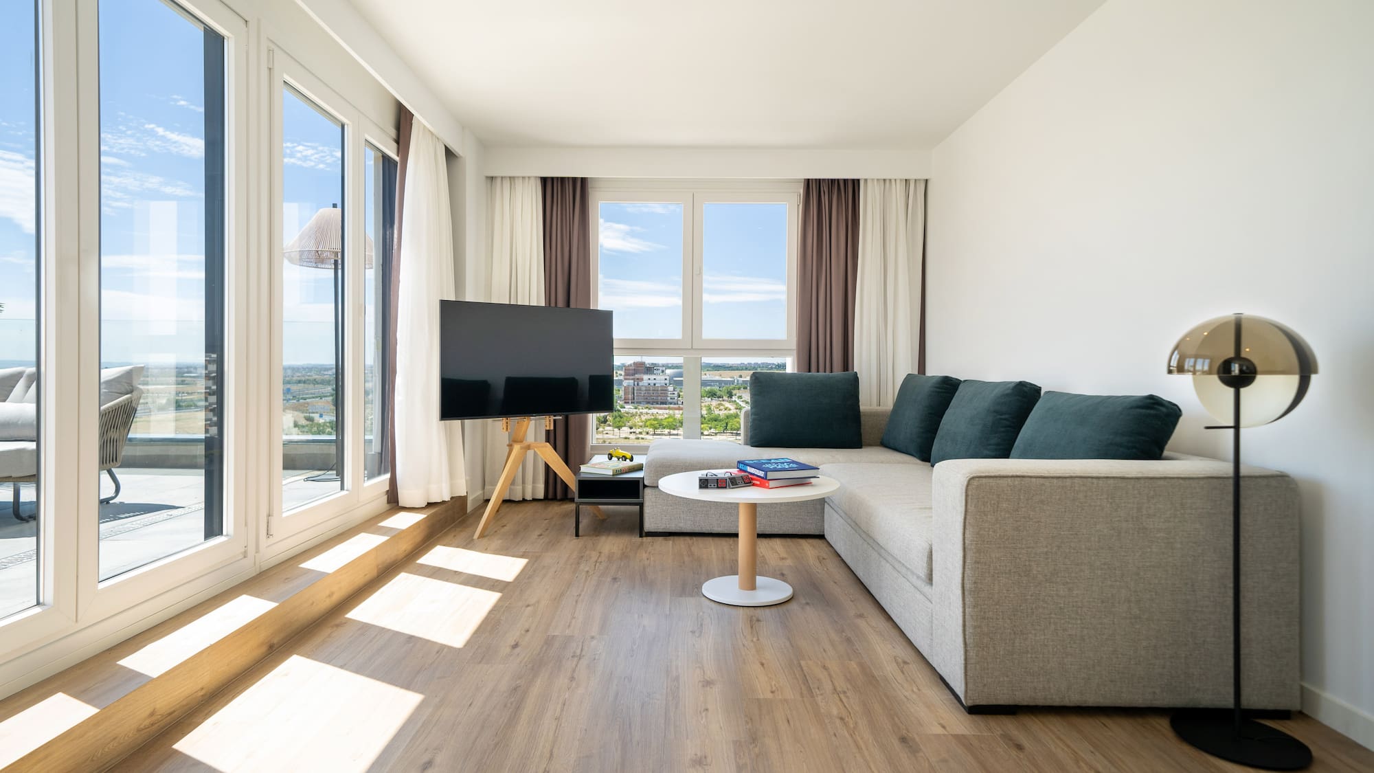 a living room with a couch and a table