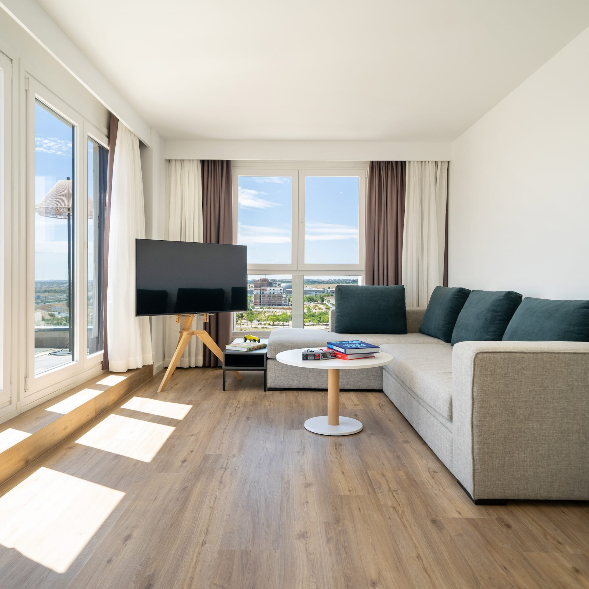 a living room with a couch and a table