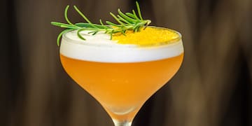 a glass with a drink and a sprig of rosemary