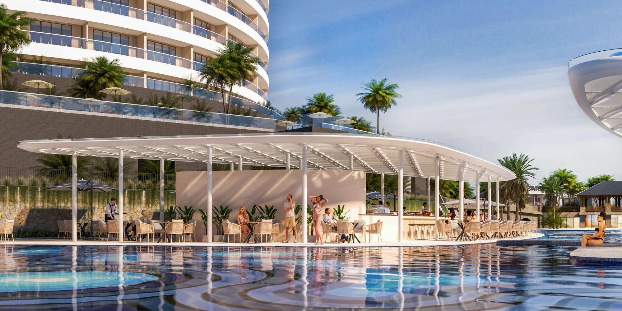 a pool with a building and people in the background