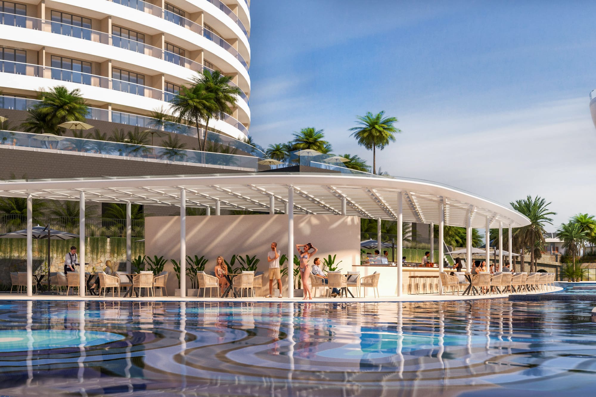 a pool with a building and people in the background