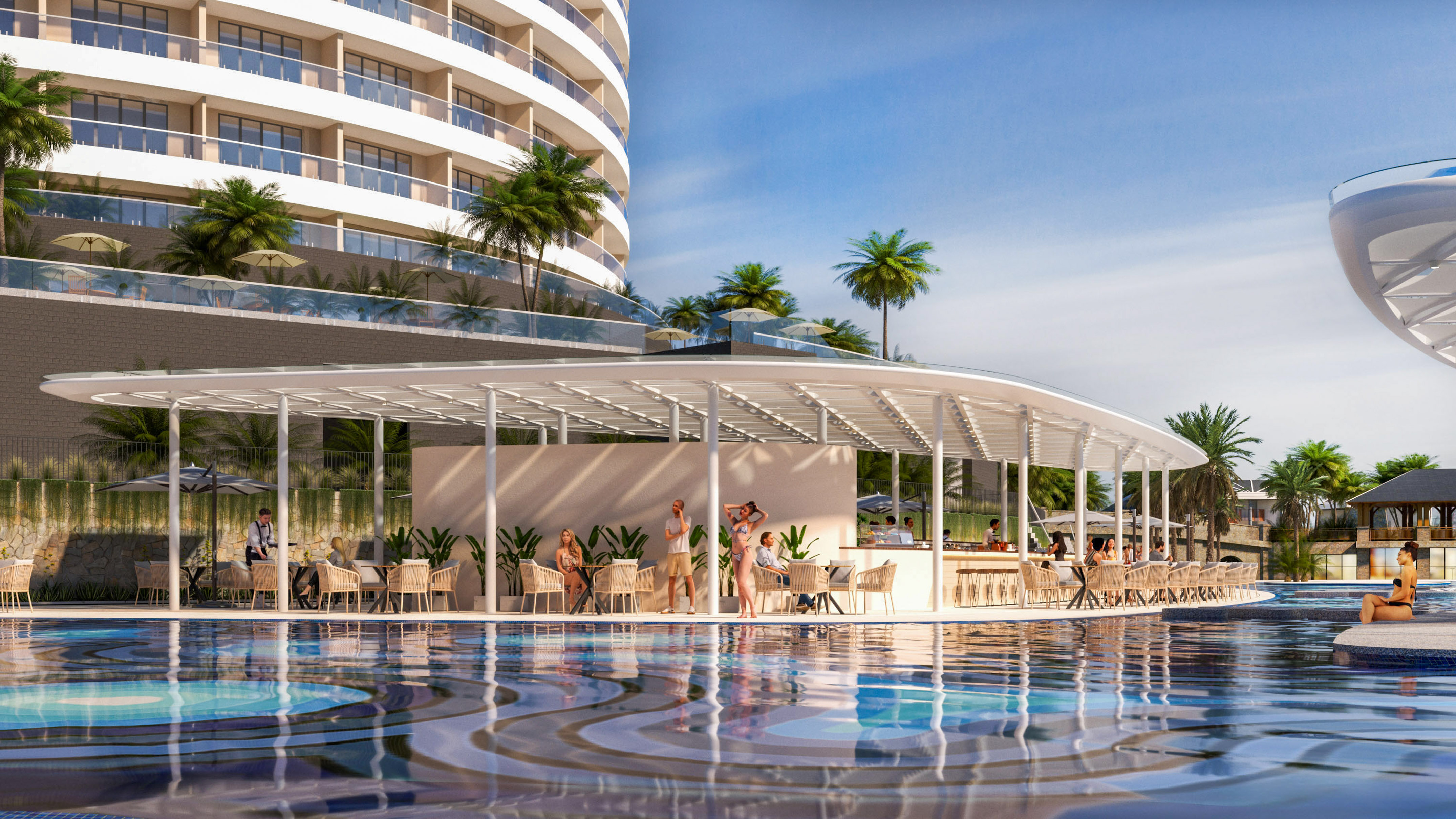 Luxury resort pool bar and modern hotel with palm trees, vibrant water.