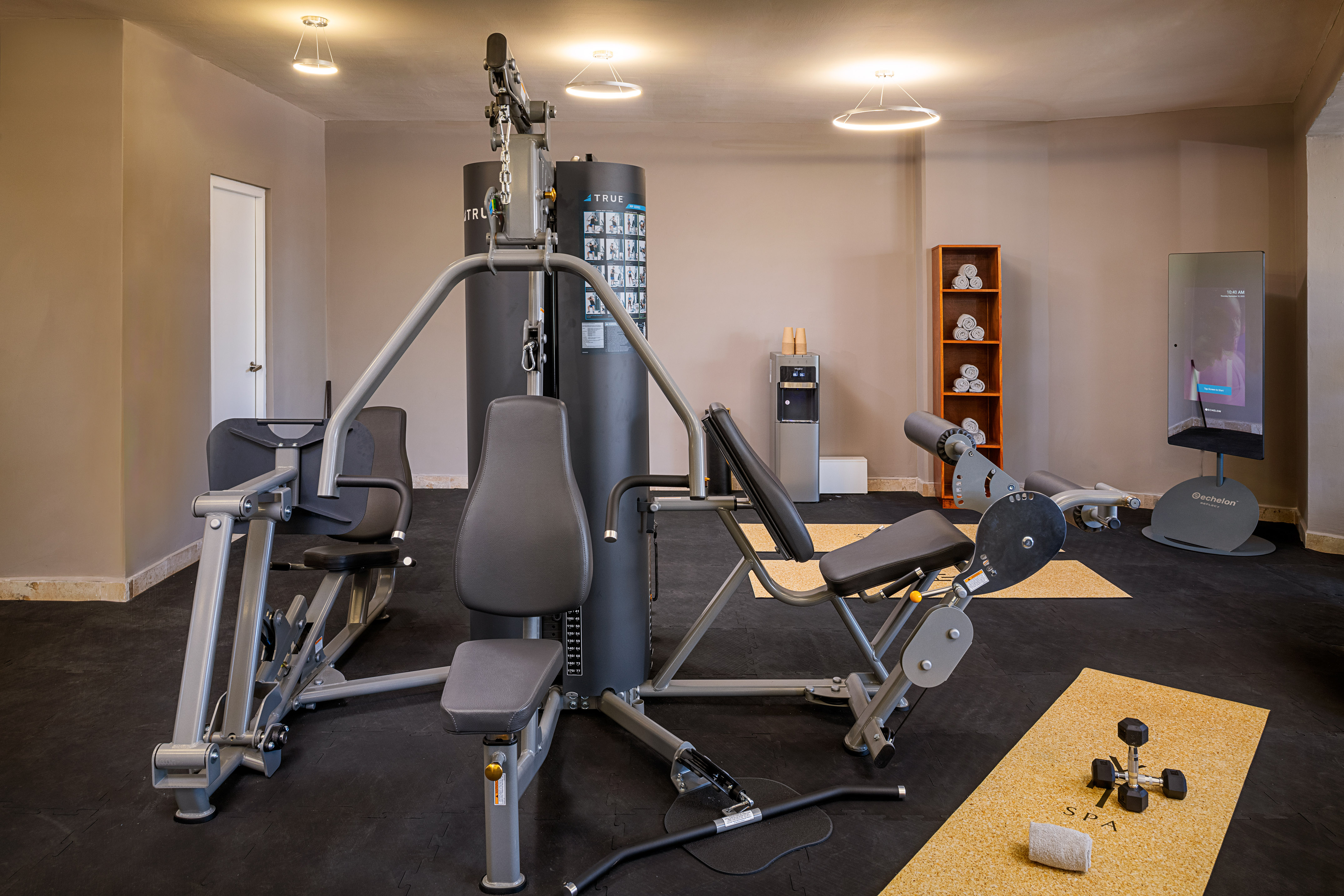Well-equipped fitness center with multi-gym, dumbbells, and Echelon smart mirror.