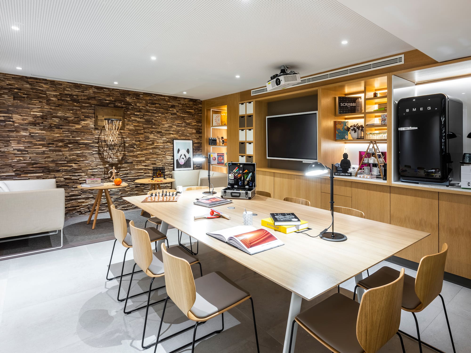 a room with a table and chairs