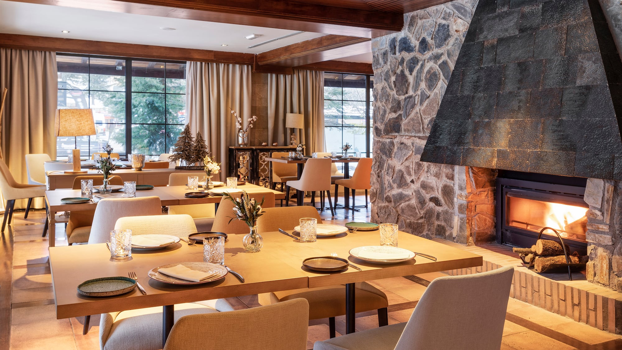 a restaurant with a fireplace