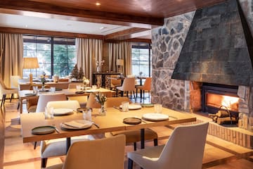 a restaurant with a fireplace