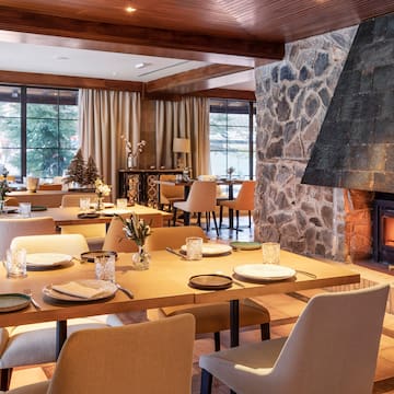 a restaurant with a fireplace