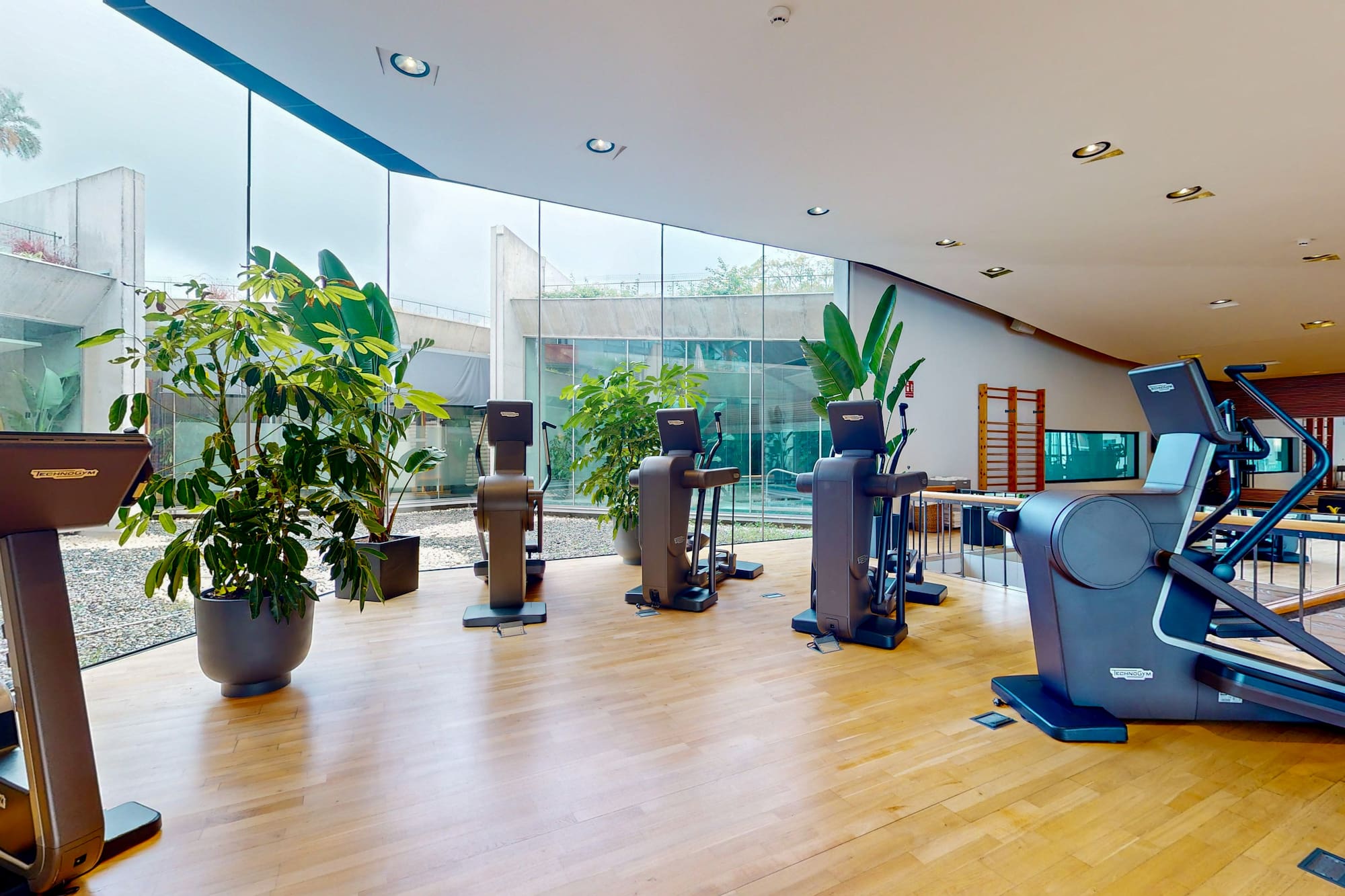 Modern gym with Technogym fitness equipment, plants, and panoramic windows.
