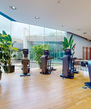 a room with exercise equipment and plants