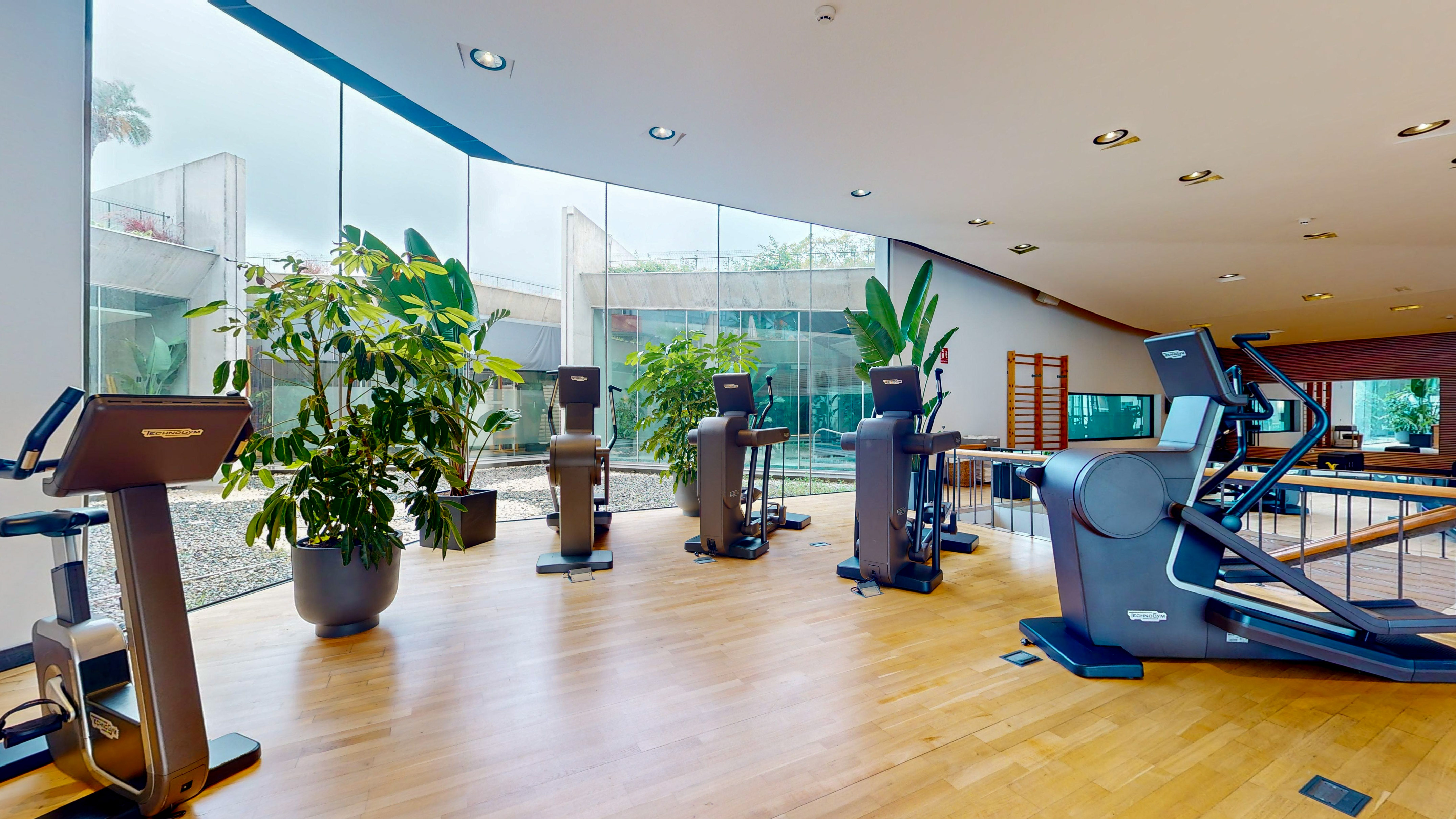 Modern gym with Technogym fitness equipment, plants, and panoramic windows.