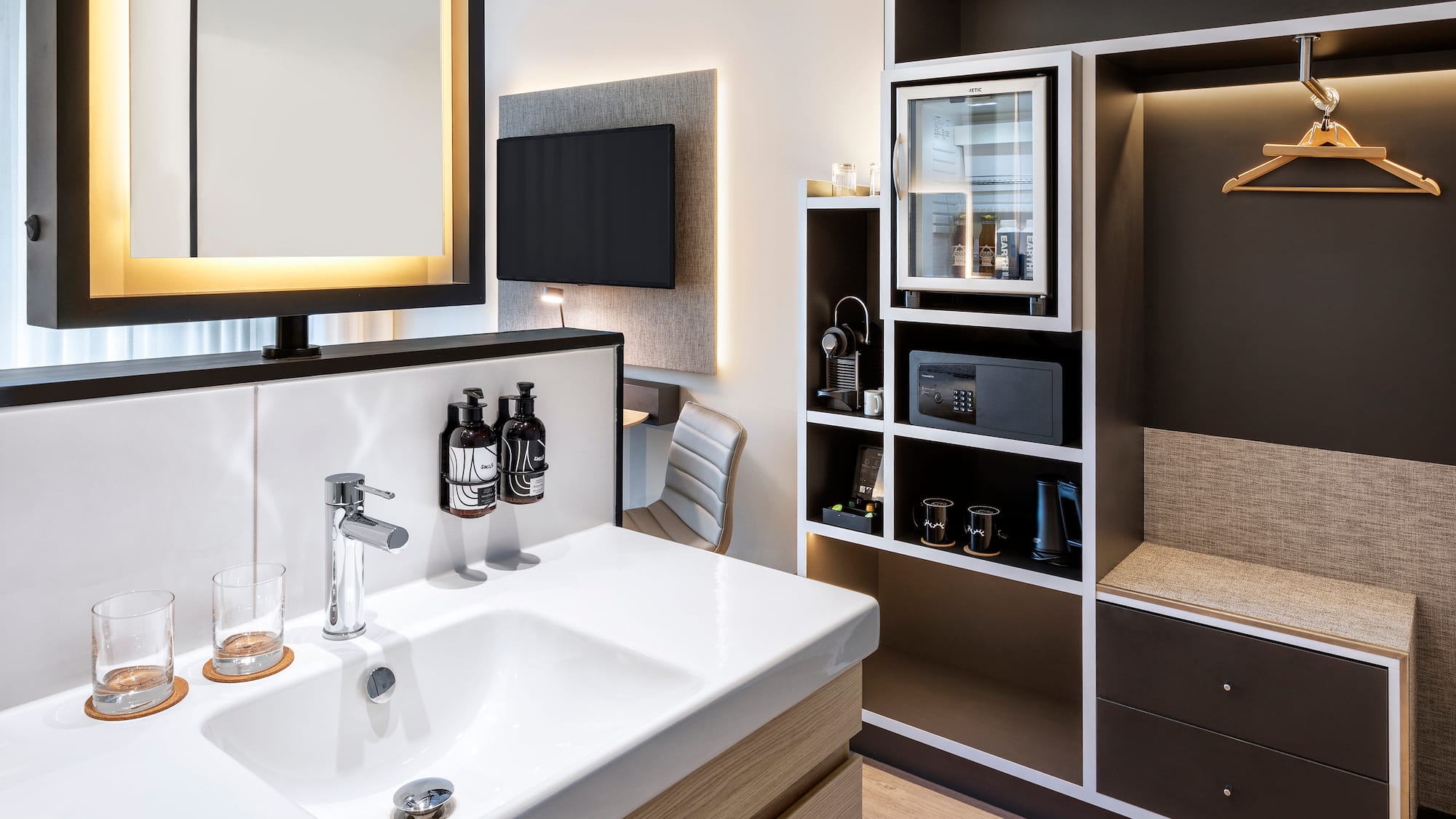 a bathroom with a sink and a mirror