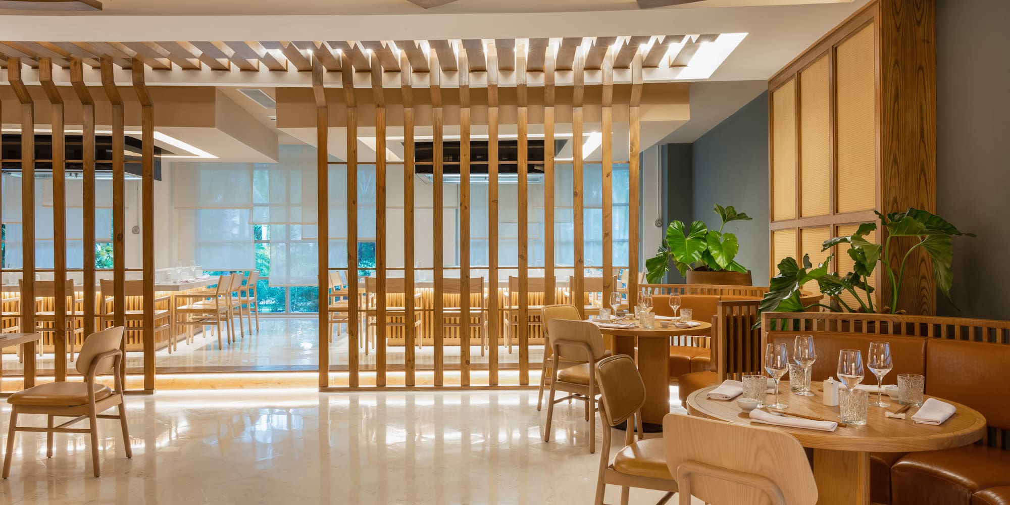 a room with tables and chairs